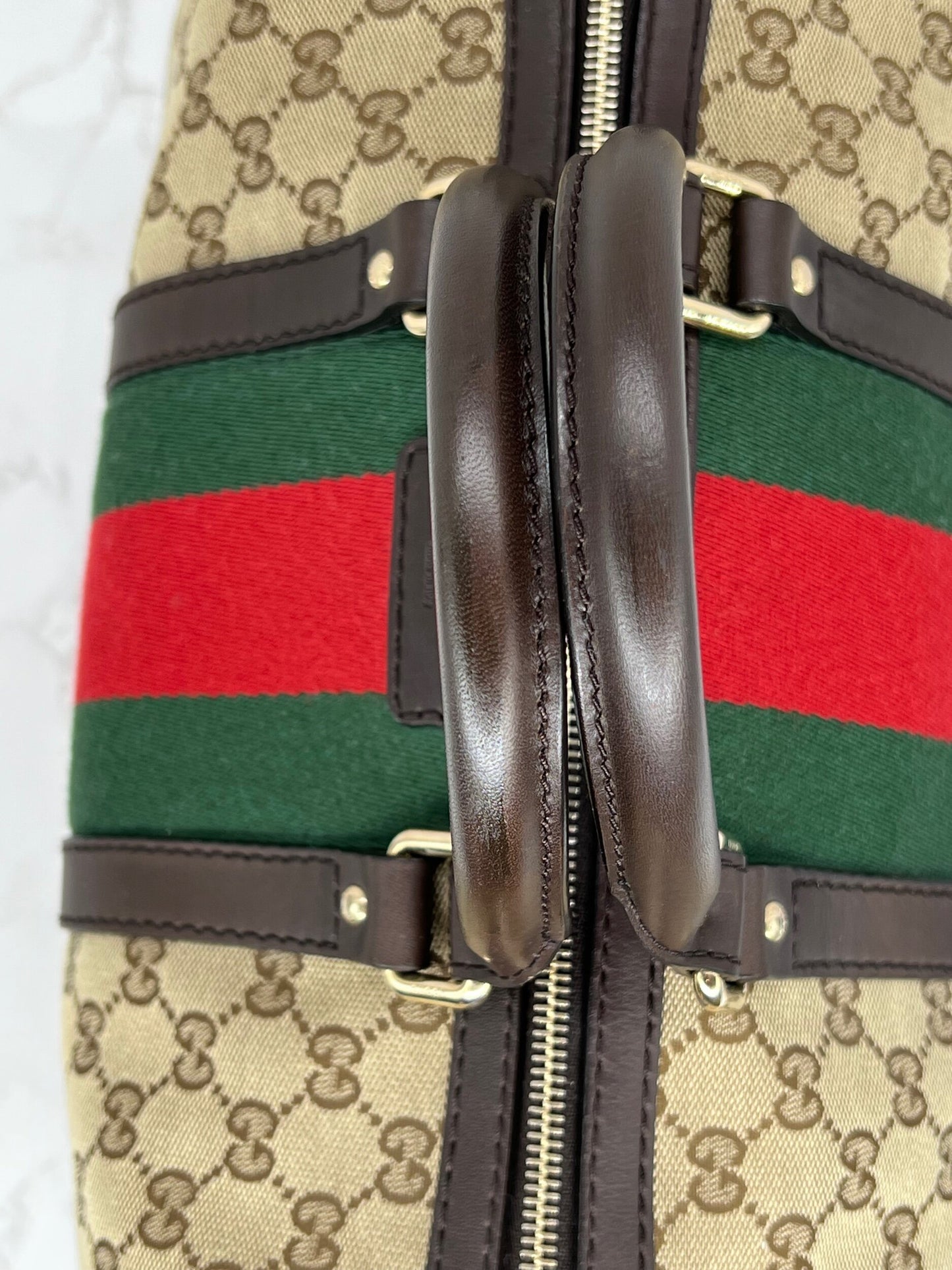 Gucci GG Vintage Web Medium Boston Dark Brown Red/Green w/Strap