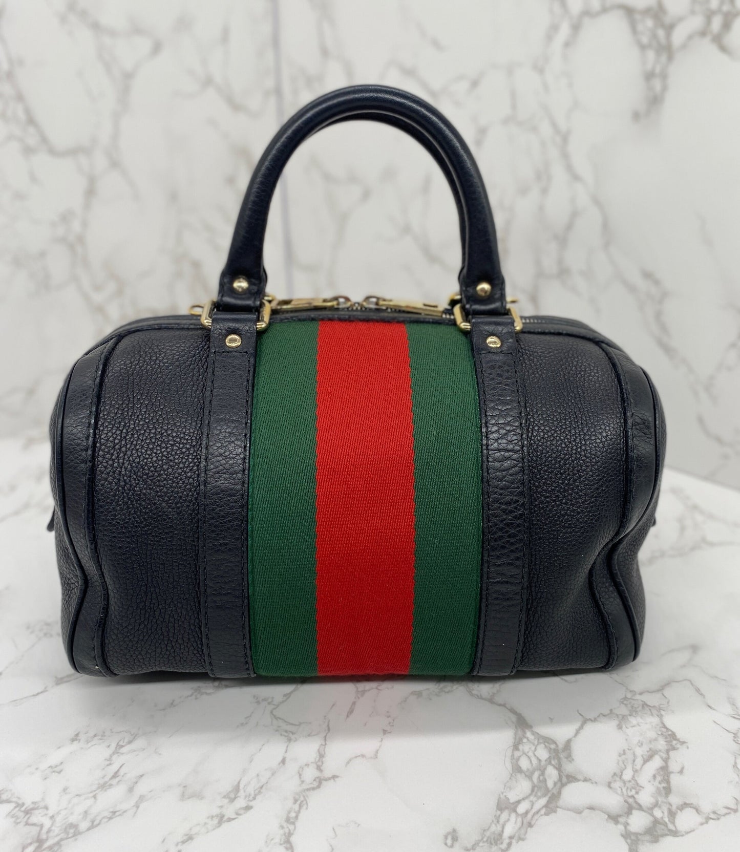 GUCCI Black Leather Vintage Web Small Boston with Removable Strap