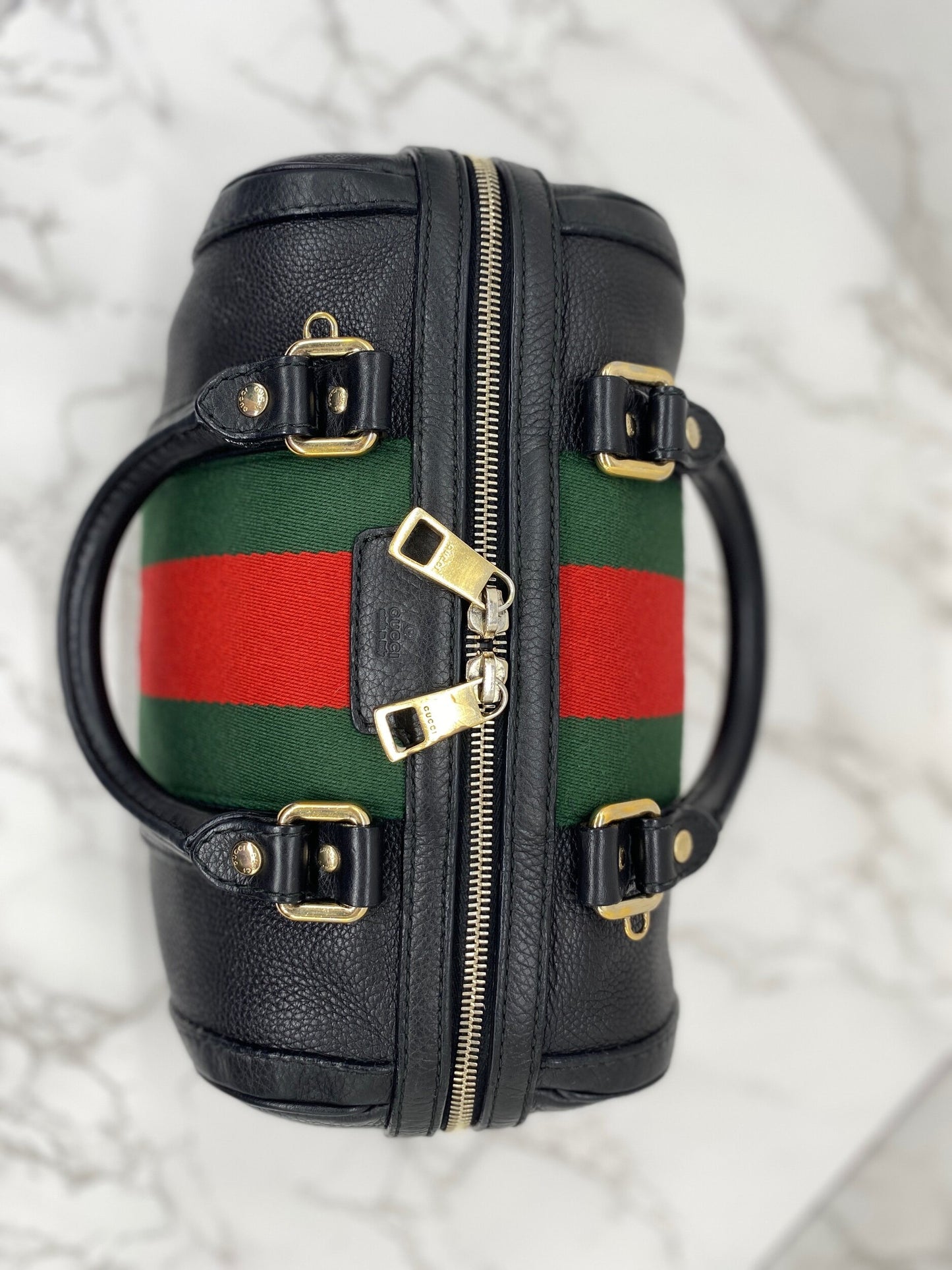 GUCCI Black Leather Vintage Web Small Boston with Removable Strap