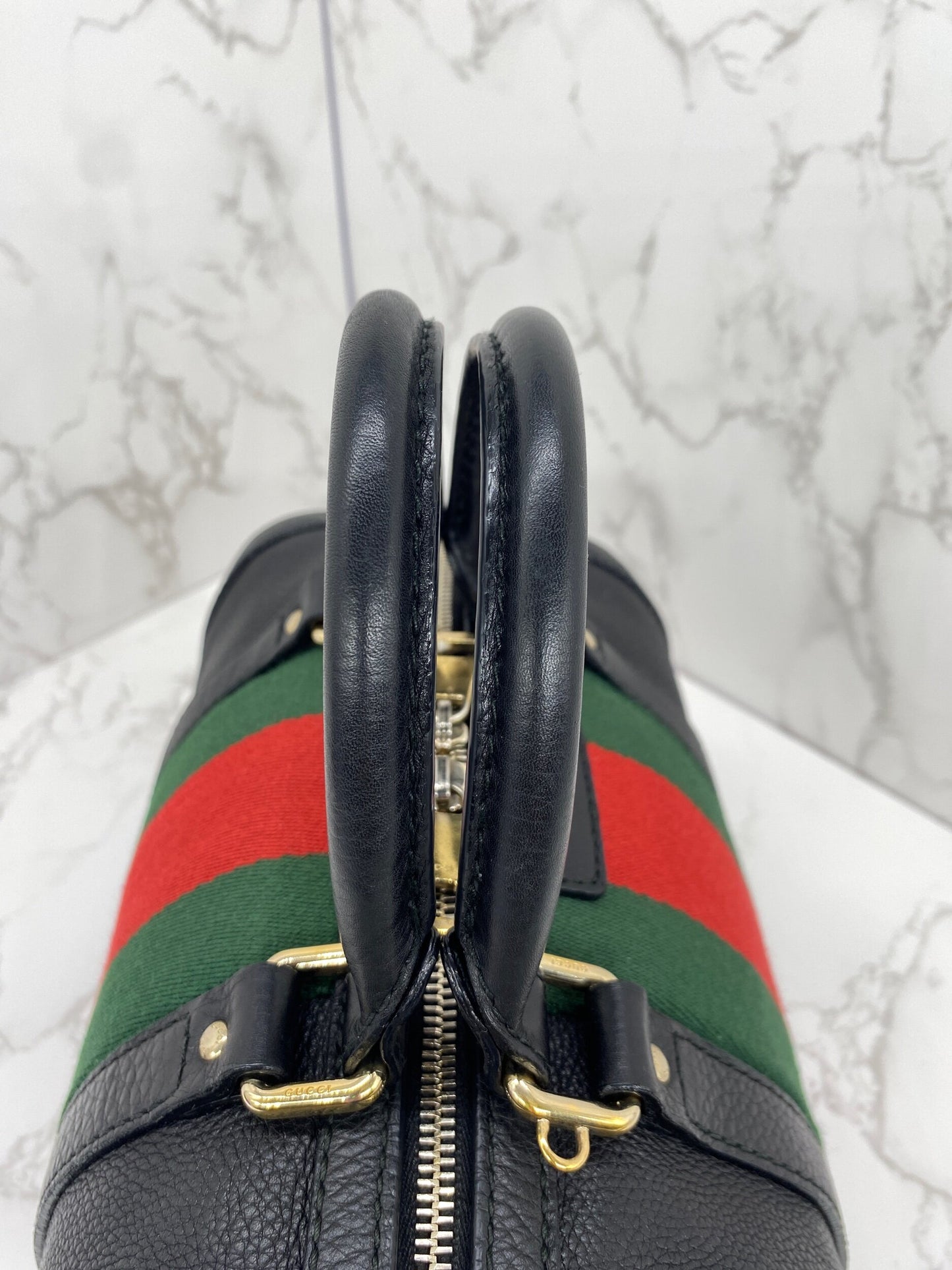 GUCCI Black Leather Vintage Web Small Boston with Removable Strap