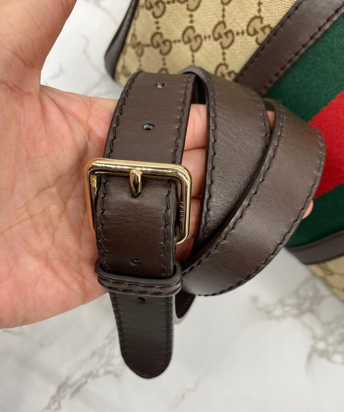 Gucci Boston Bag Medium Beige Red/Green Trim