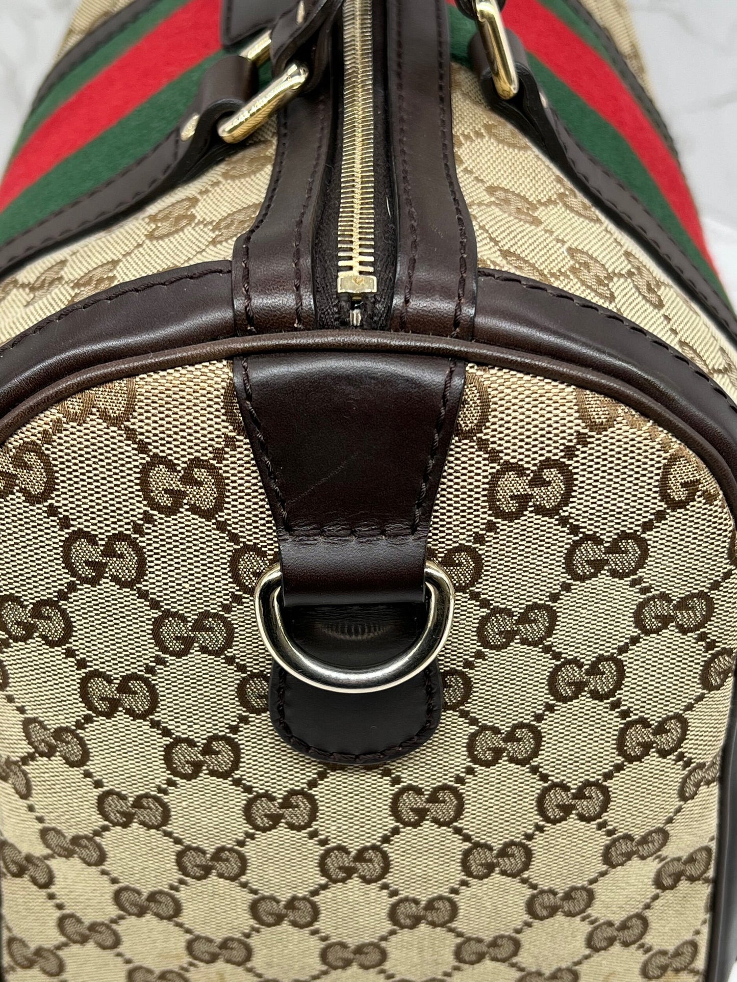 Gucci GG Vintage Web Medium Boston Dark Brown Red/Green w/Strap