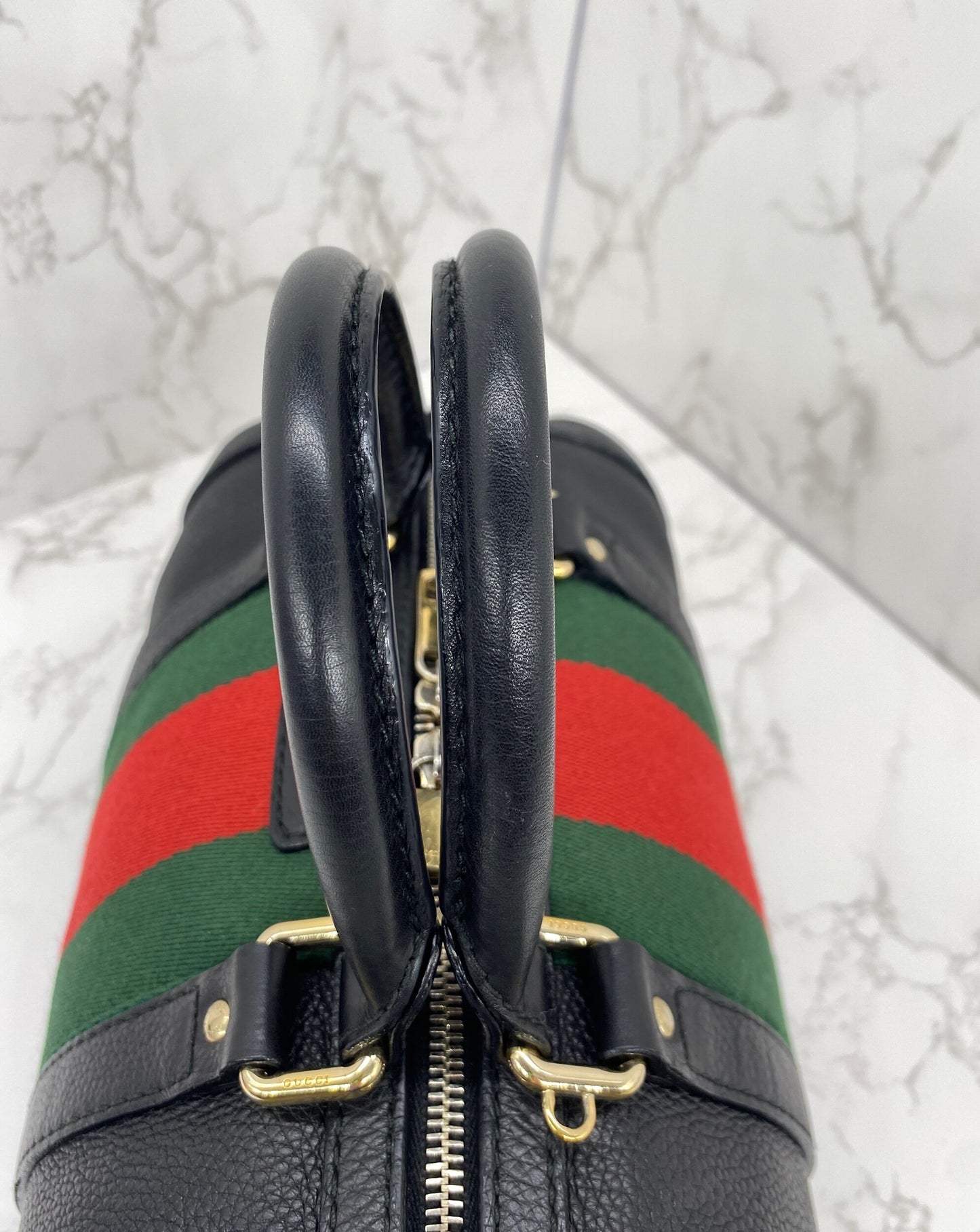 GUCCI Black Leather Vintage Web Small Boston with Removable Strap