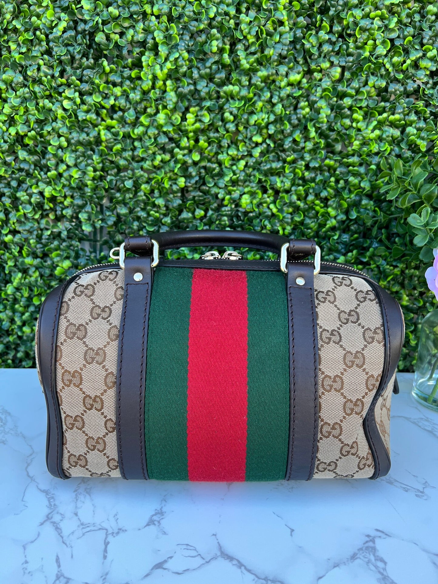 GG Small Boston Vintage Web Dark Brown with Removable Strap