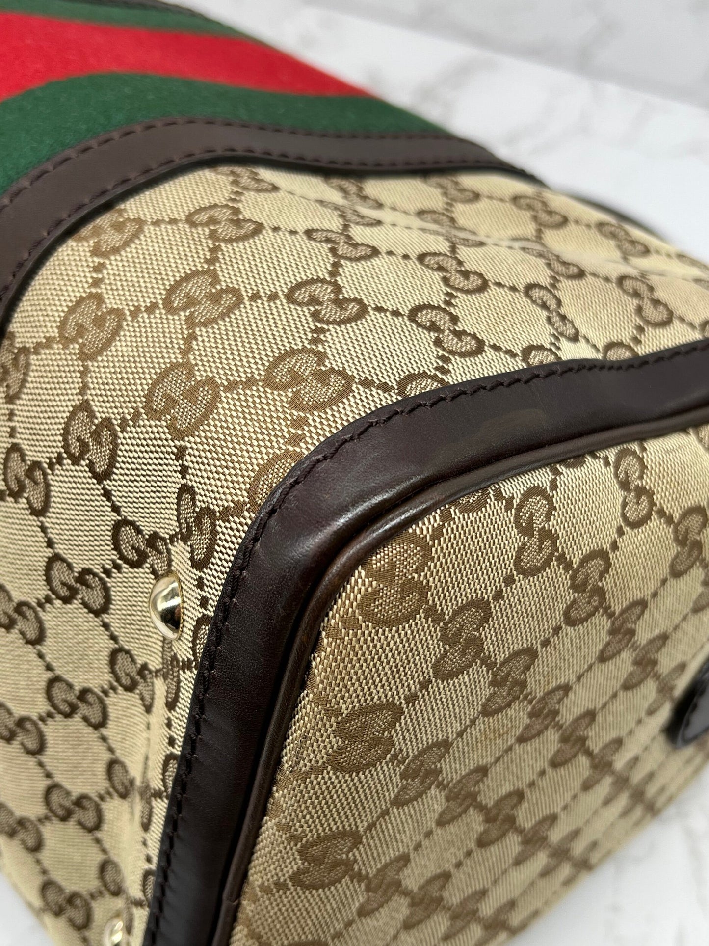 Gucci GG Vintage Web Medium Boston Dark Brown Red/Green w/Strap