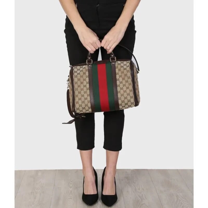 GG Vintage Web Medium Boston Bag Dark Brown