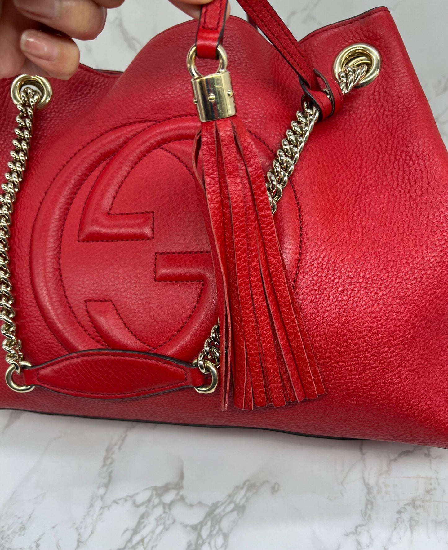 GG Medium Soho Double Chain Pebbled Leather Red