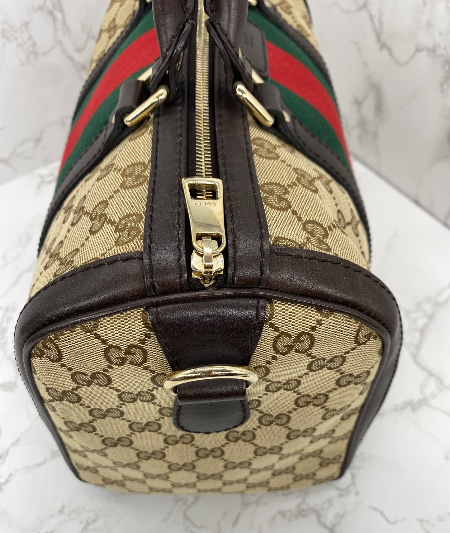 Gucci Boston Bag Medium Beige Red/Green Trim