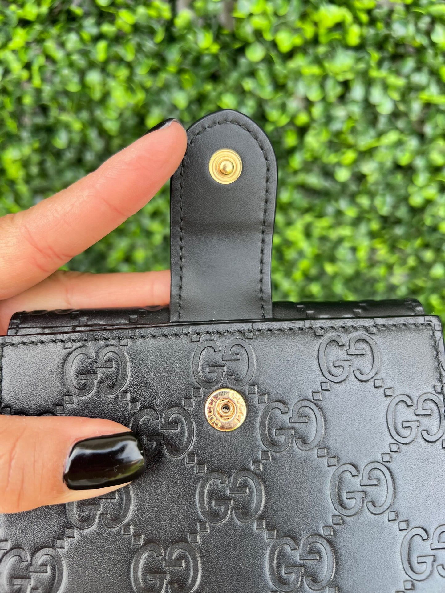 GG Black Leather French Compact Wallet
