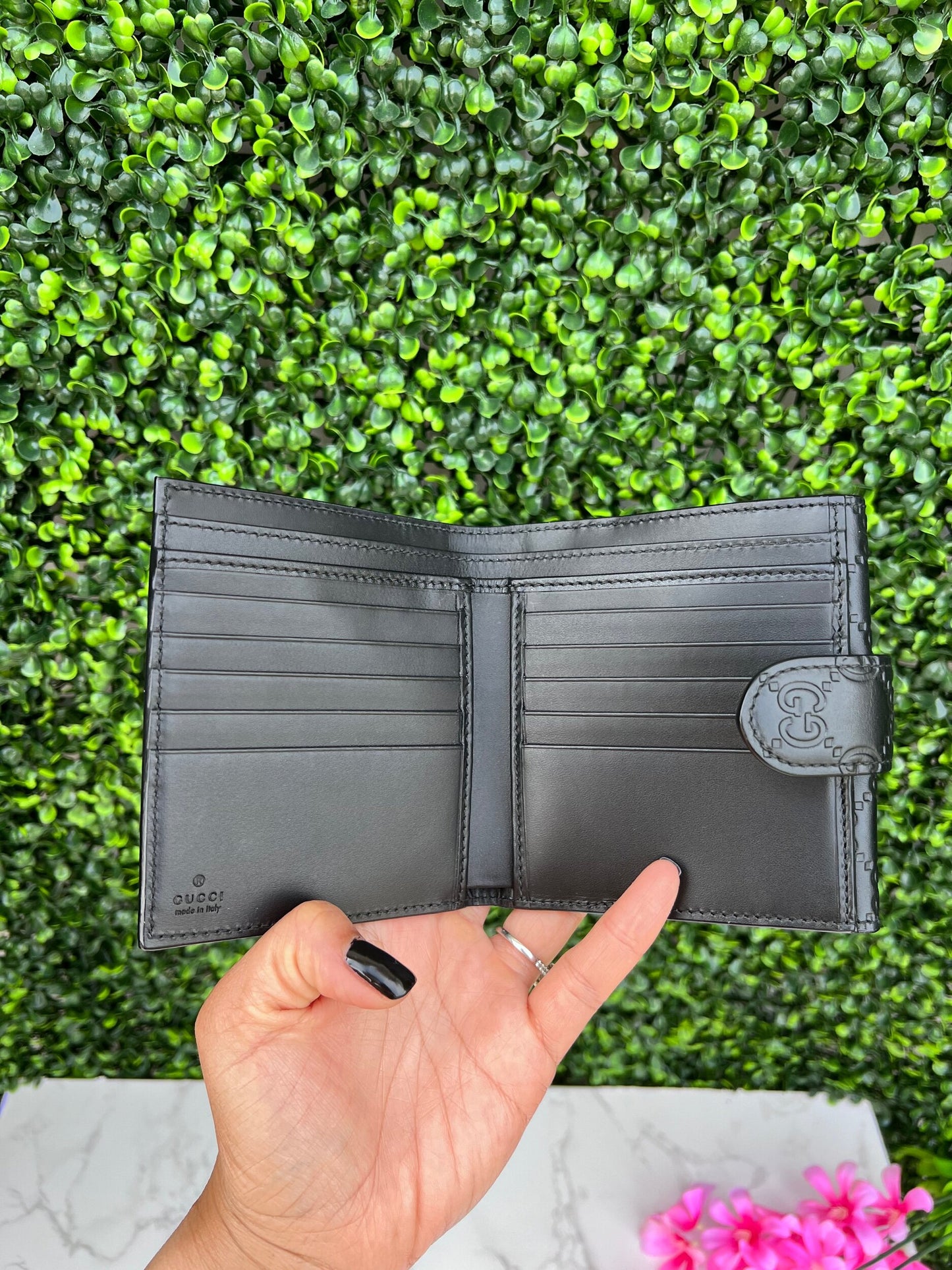 GG Black Leather French Compact Wallet