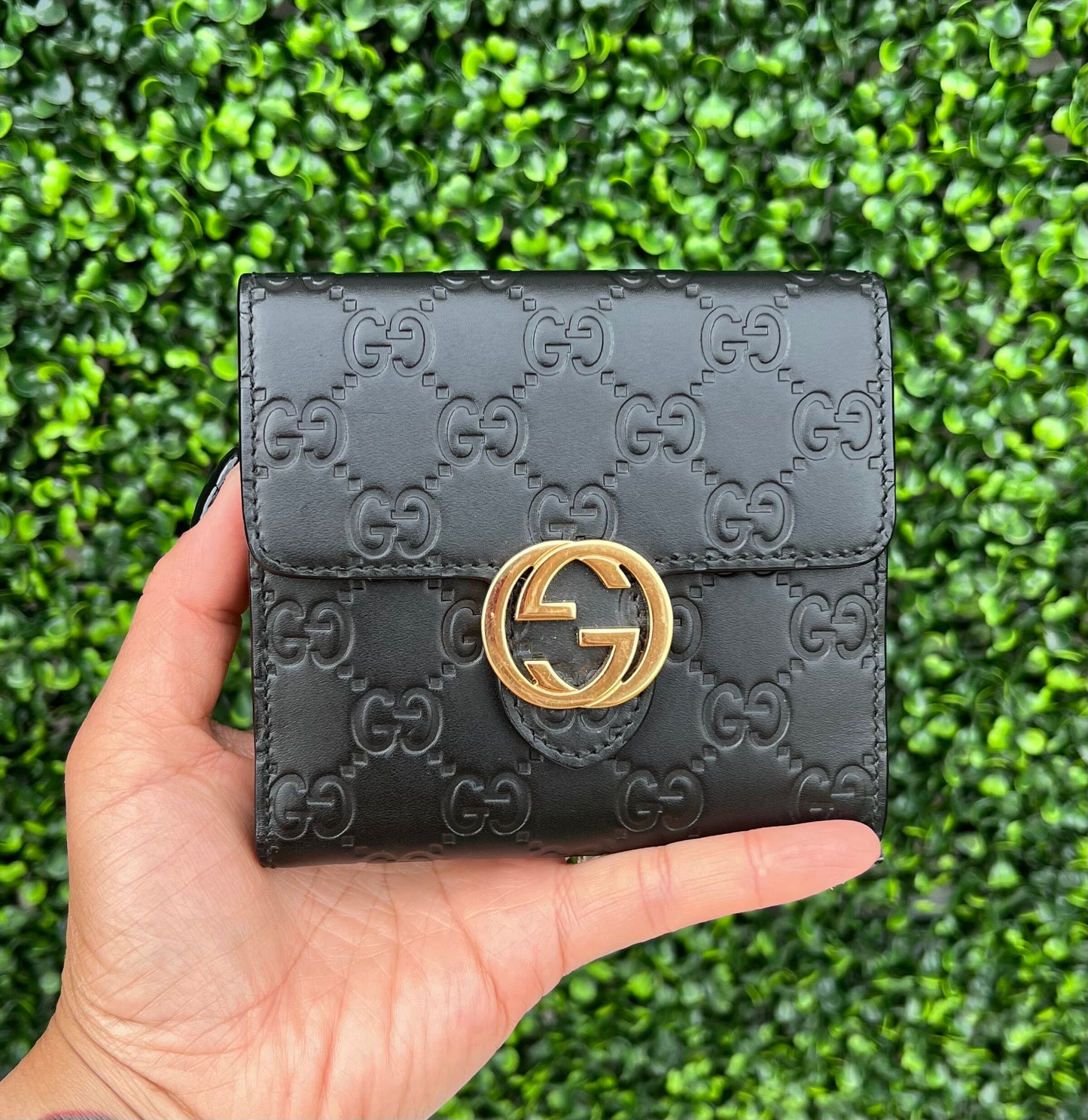 GG Black Leather French Compact Wallet