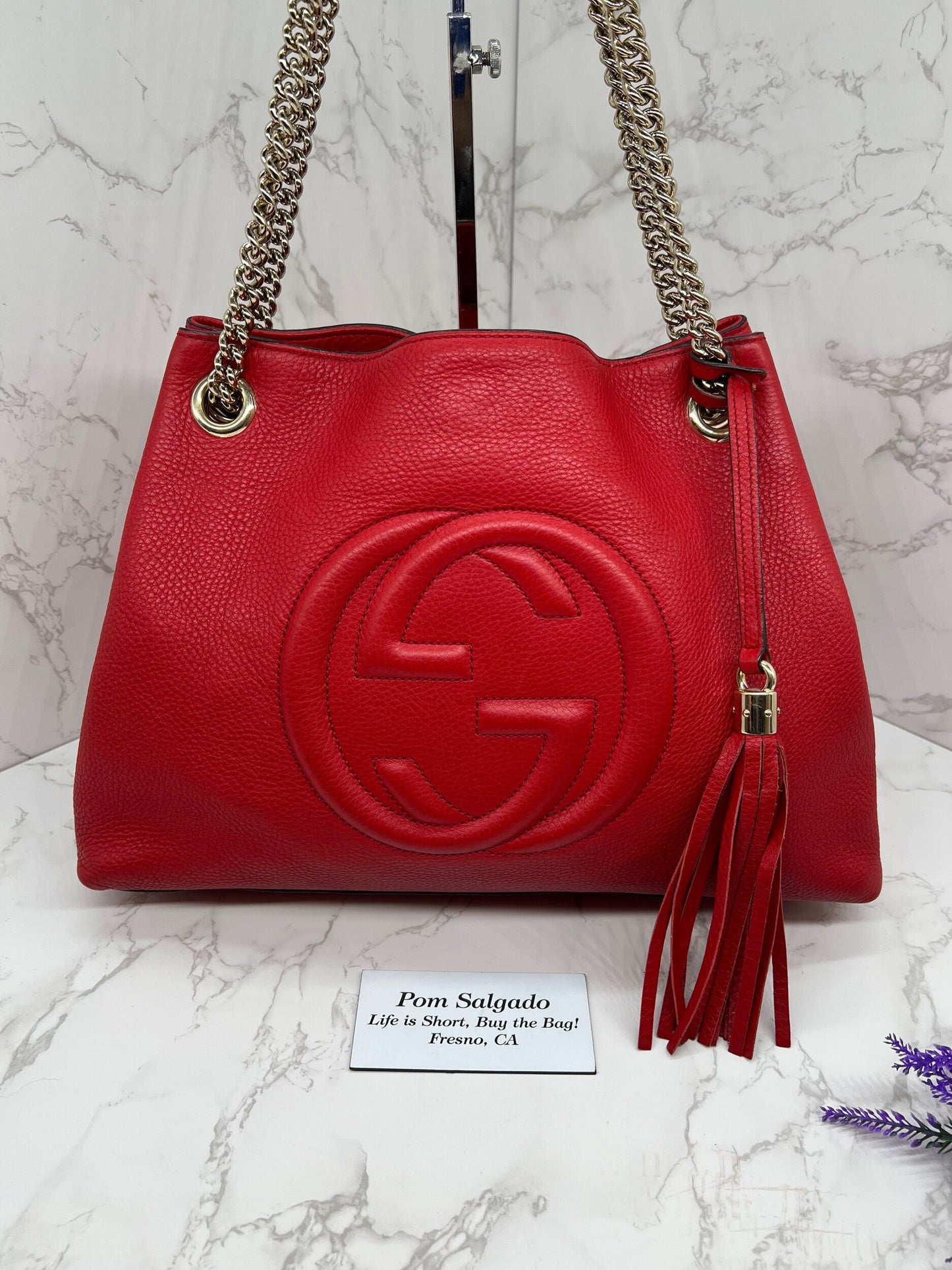 GG Medium Soho Double Chain Pebbled Leather Red