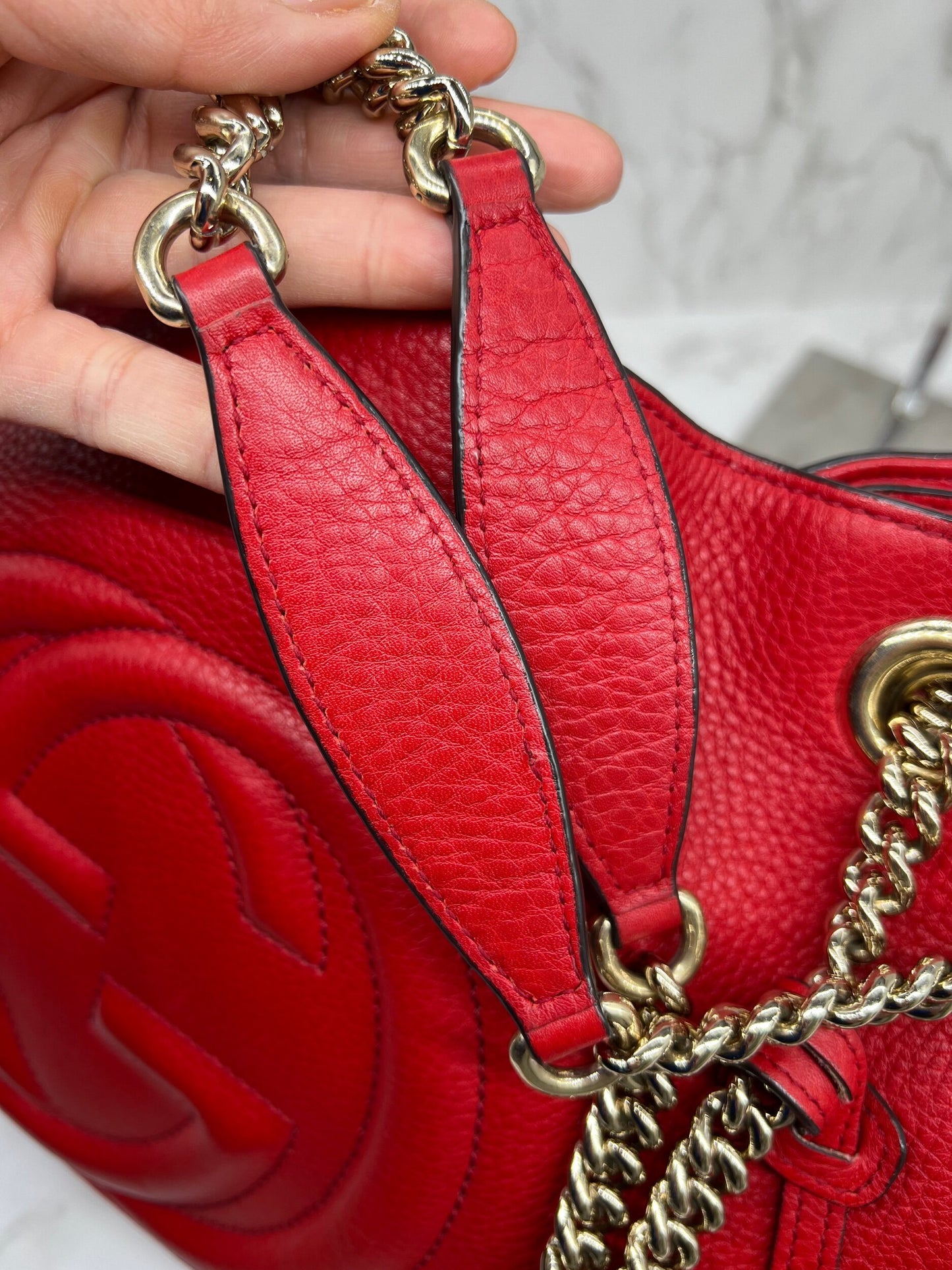 GG Medium Soho Double Chain Pebbled Leather Red