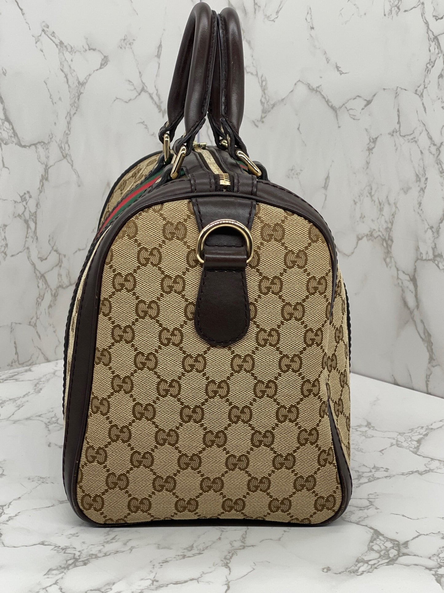 Gucci Boston Bag Medium Beige Red/Green Trim