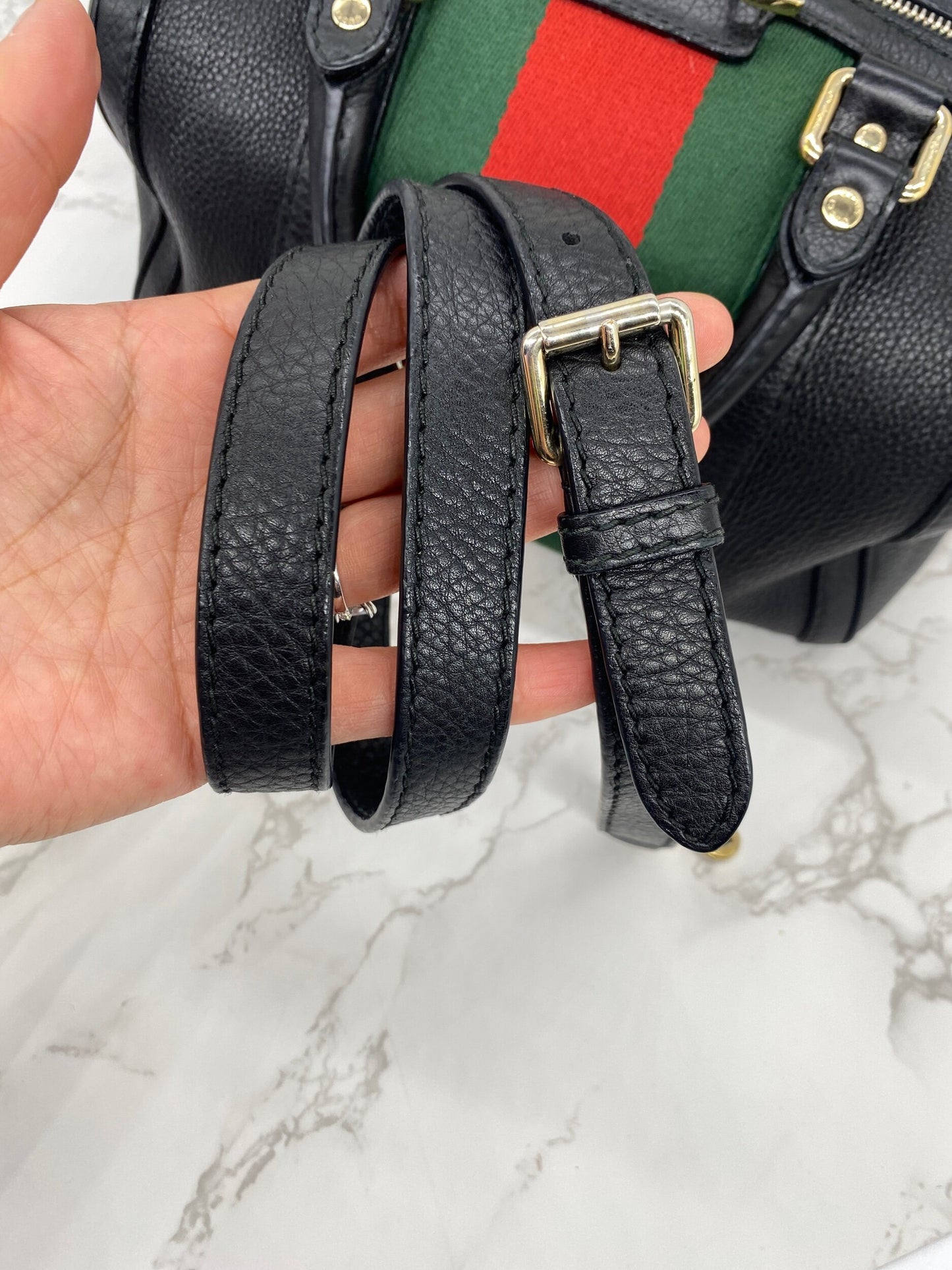 GUCCI Black Leather Vintage Web Small Boston with Removable Strap
