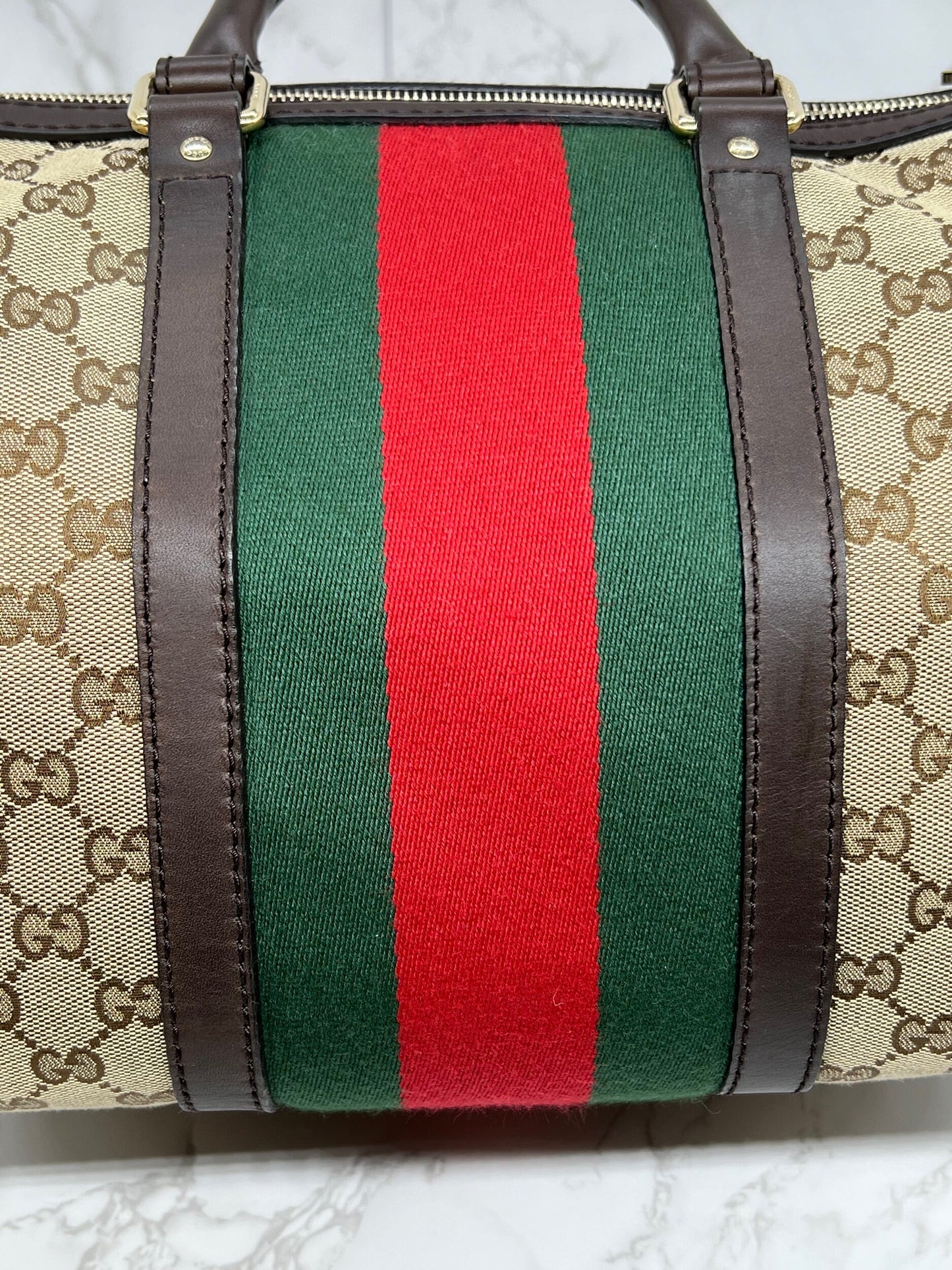 Gucci GG Vintage Web Medium Boston Dark Brown Red/Green w/Strap