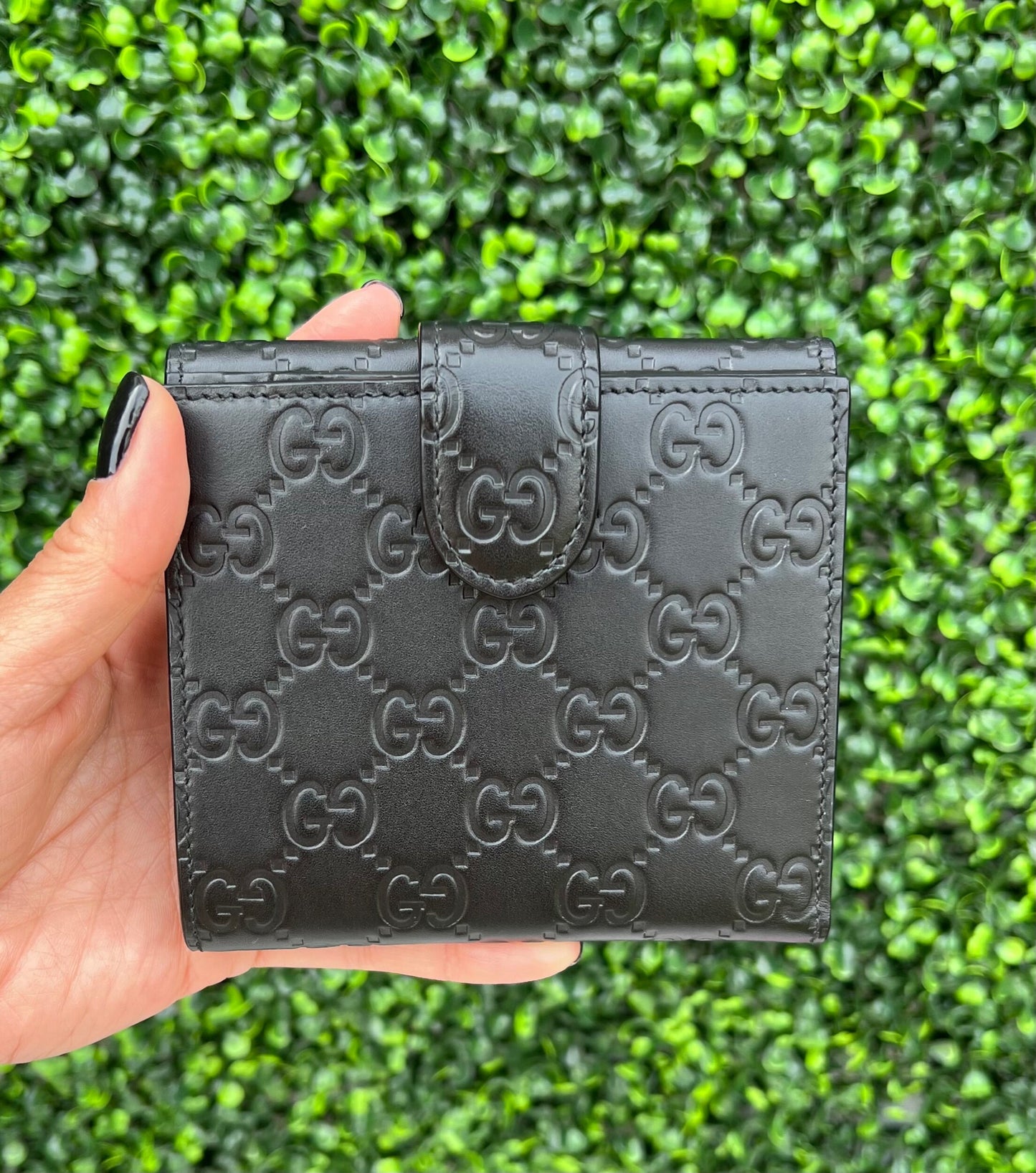 GG Black Leather French Compact Wallet