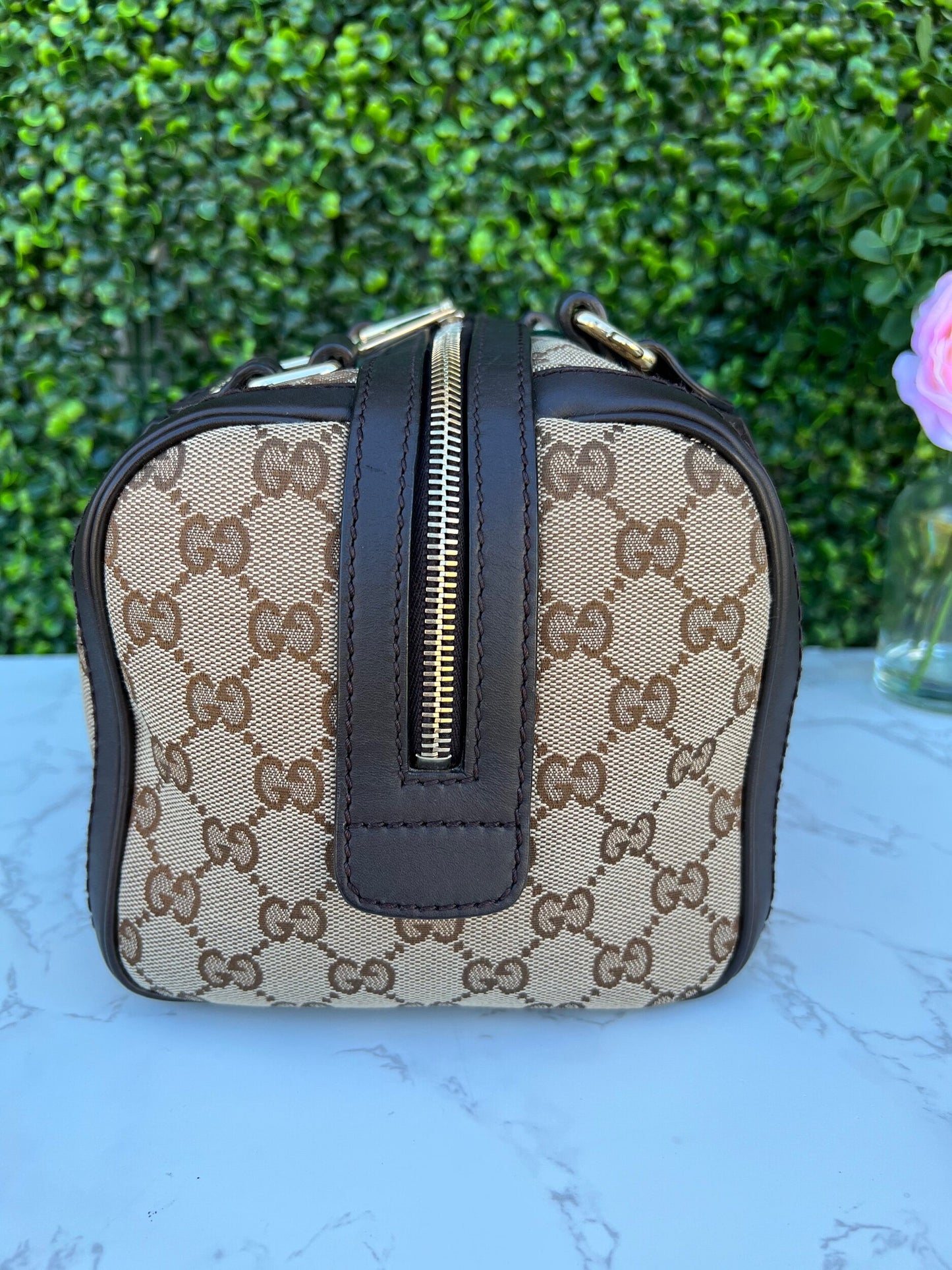 GG Small Boston Vintage Web Dark Brown with Removable Strap
