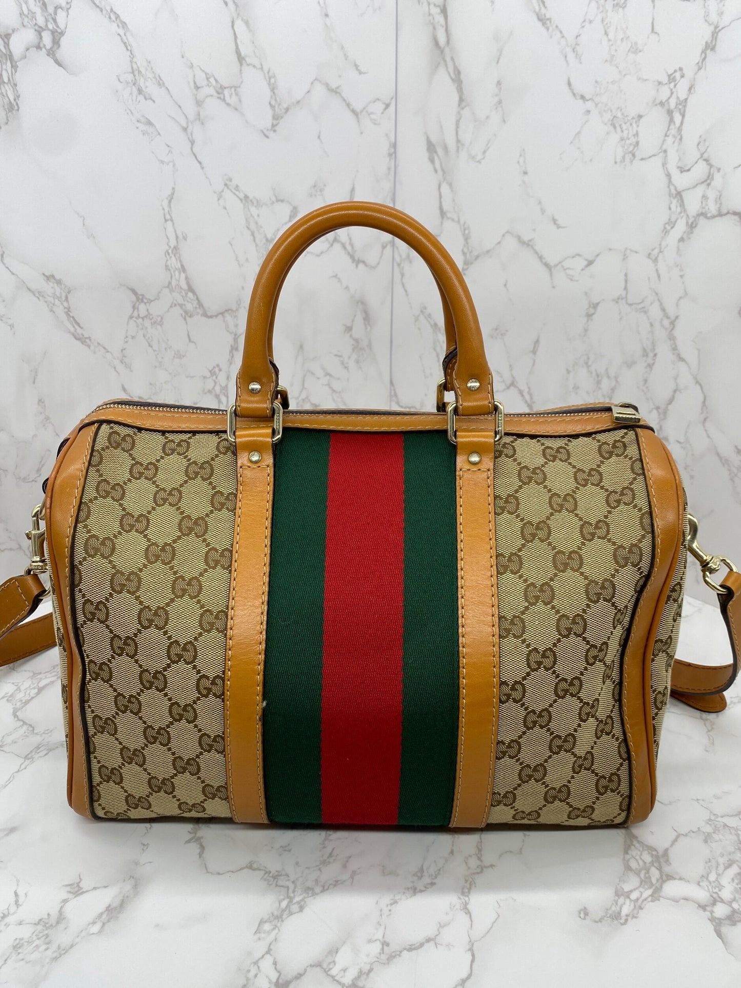 Gucci Vintage Web Medium Boston Bag Cognac