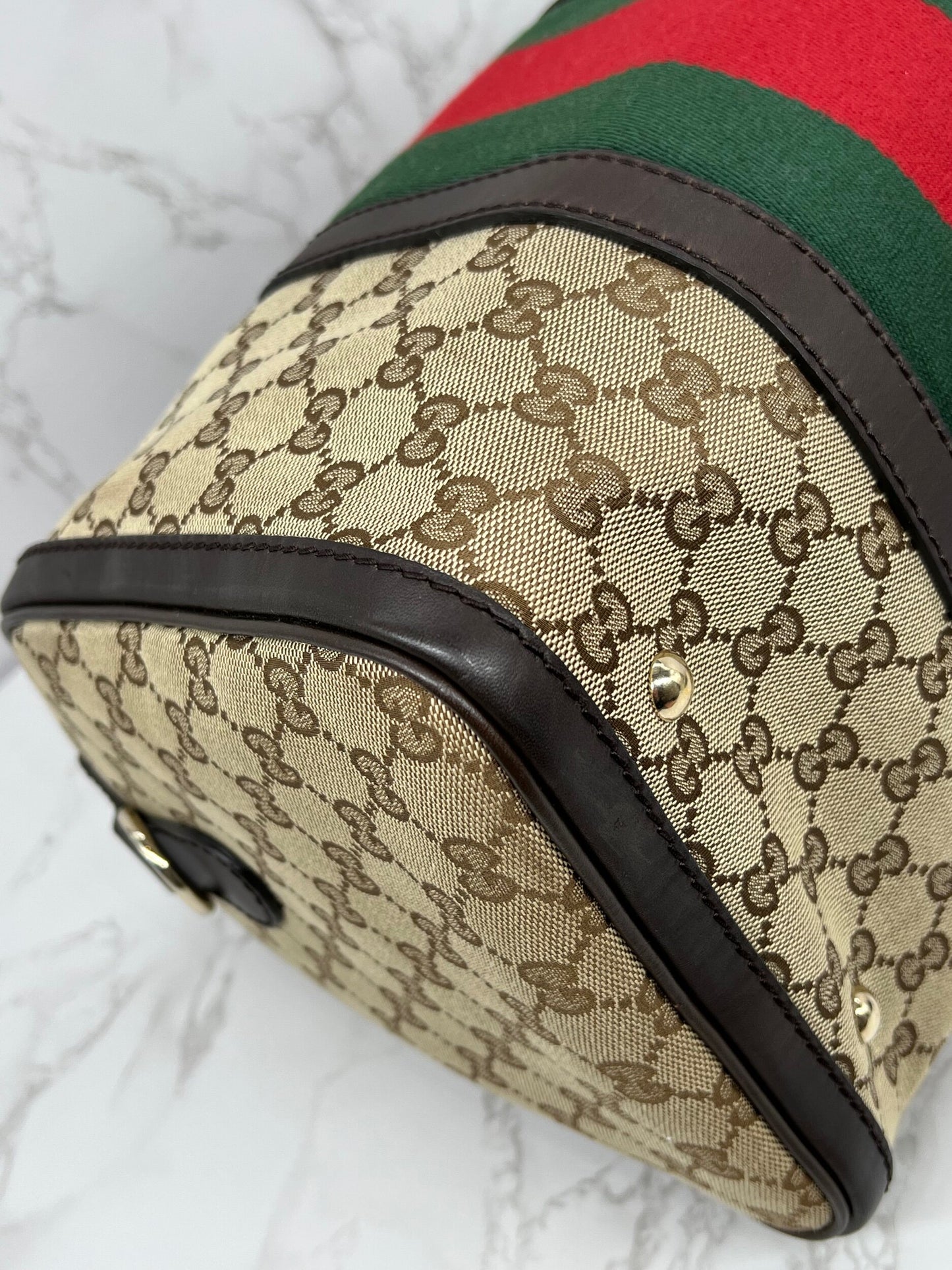 Gucci GG Vintage Web Medium Boston Dark Brown Red/Green w/Strap