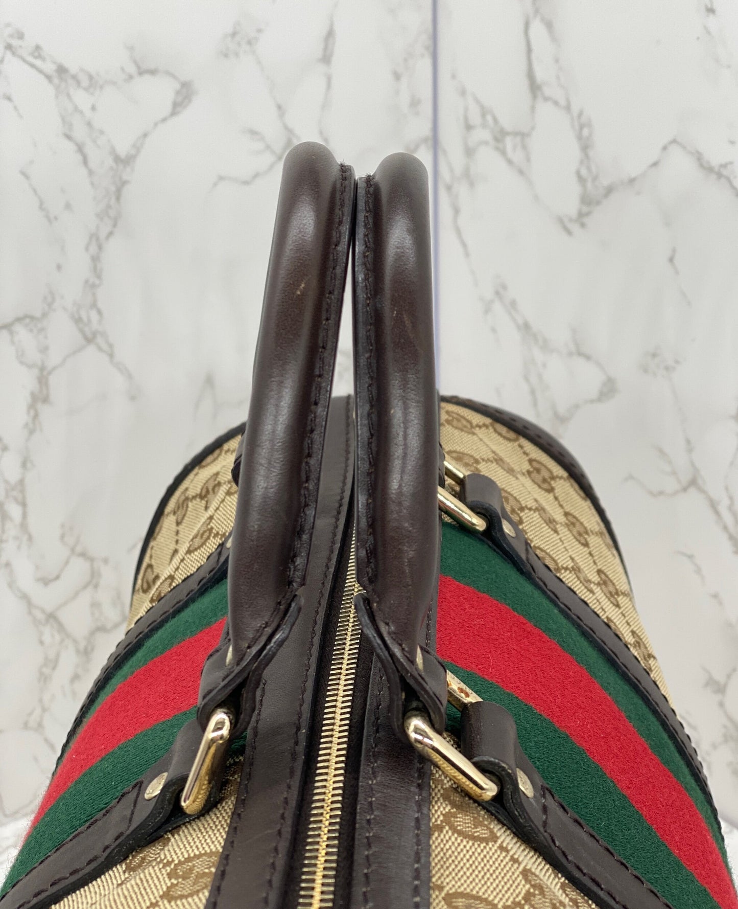 Gucci Boston Bag Medium Beige Red/Green Trim