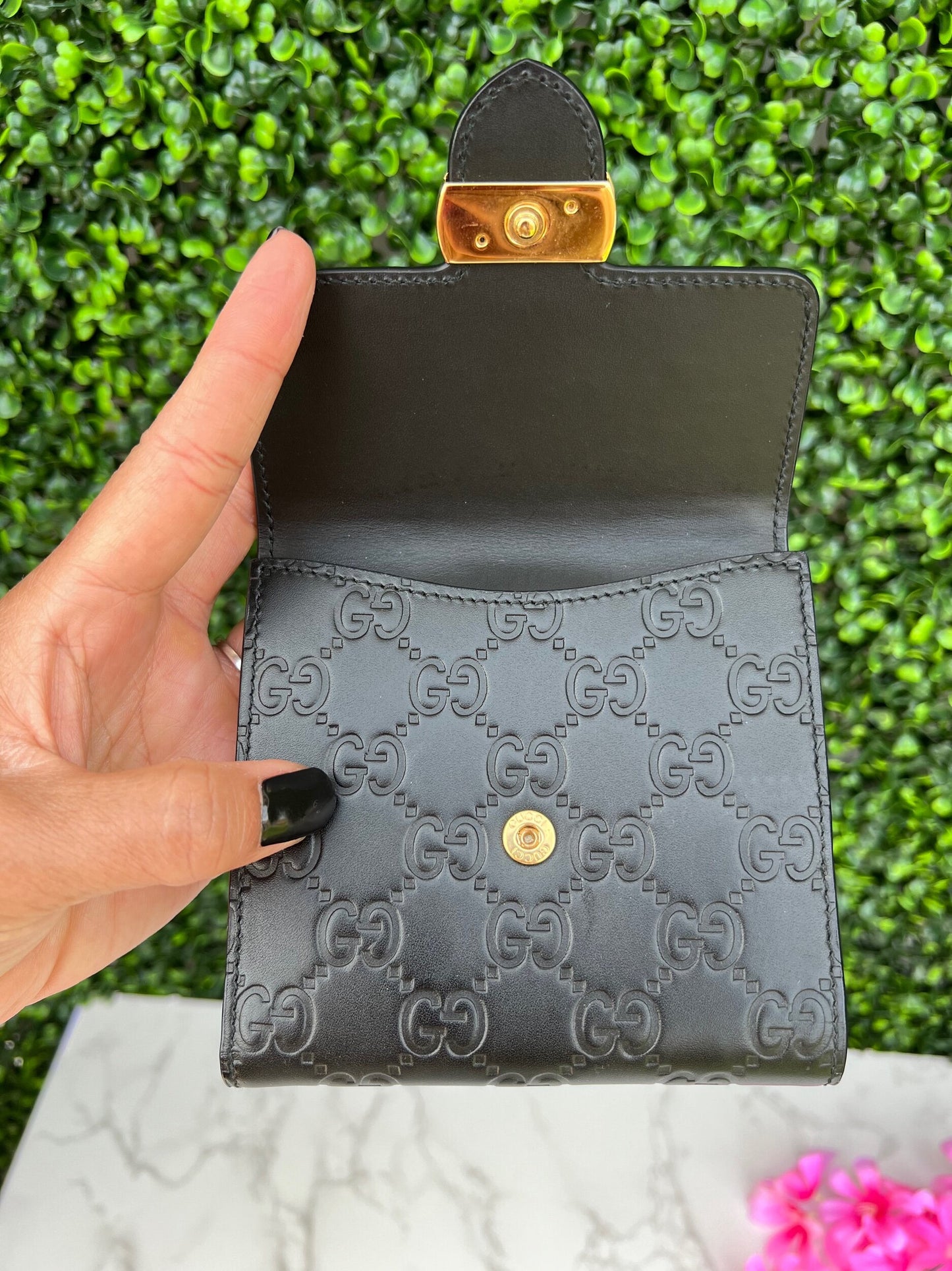 GG Black Leather French Compact Wallet