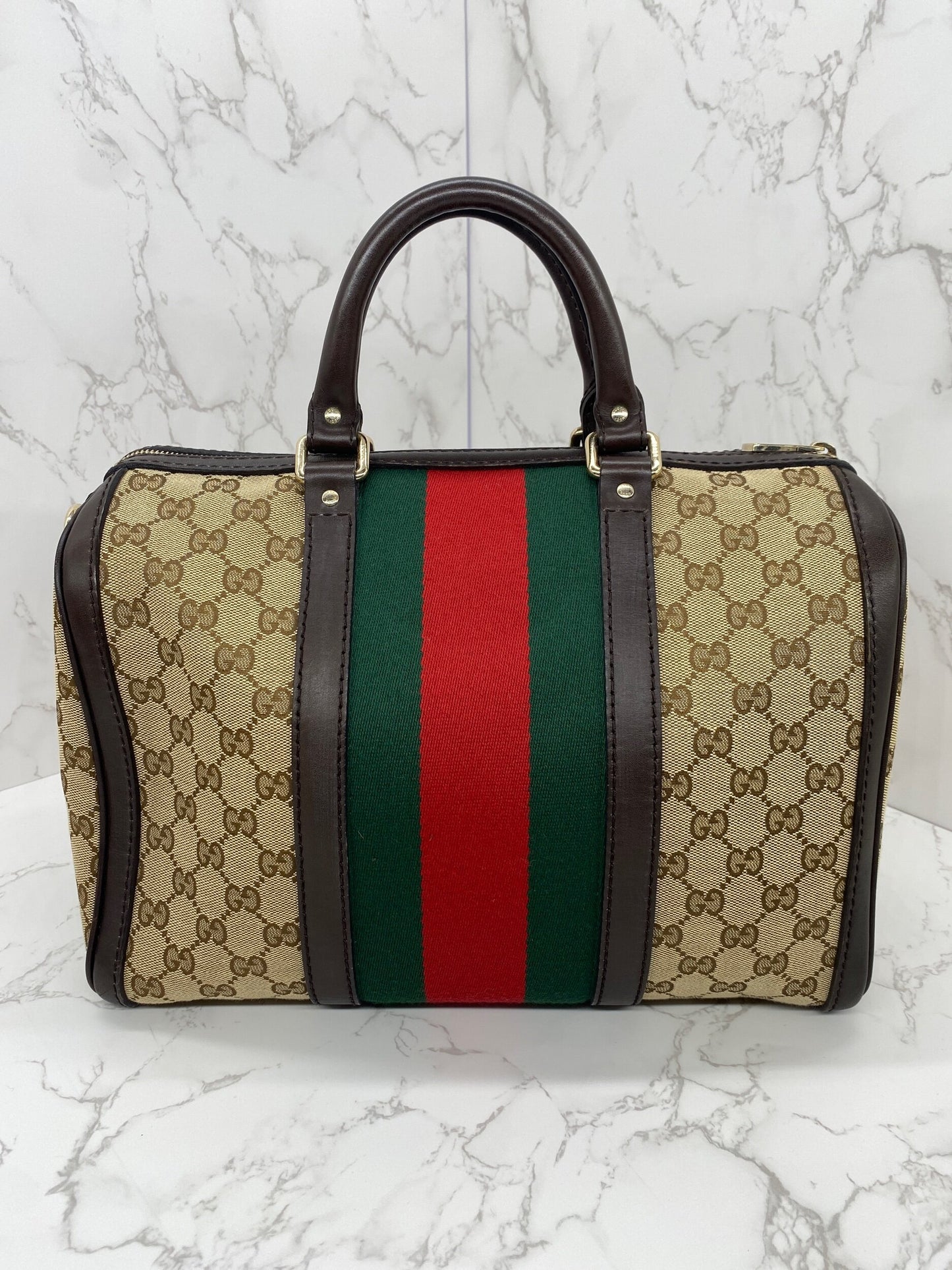 Gucci Boston Bag Medium Beige Red/Green Trim