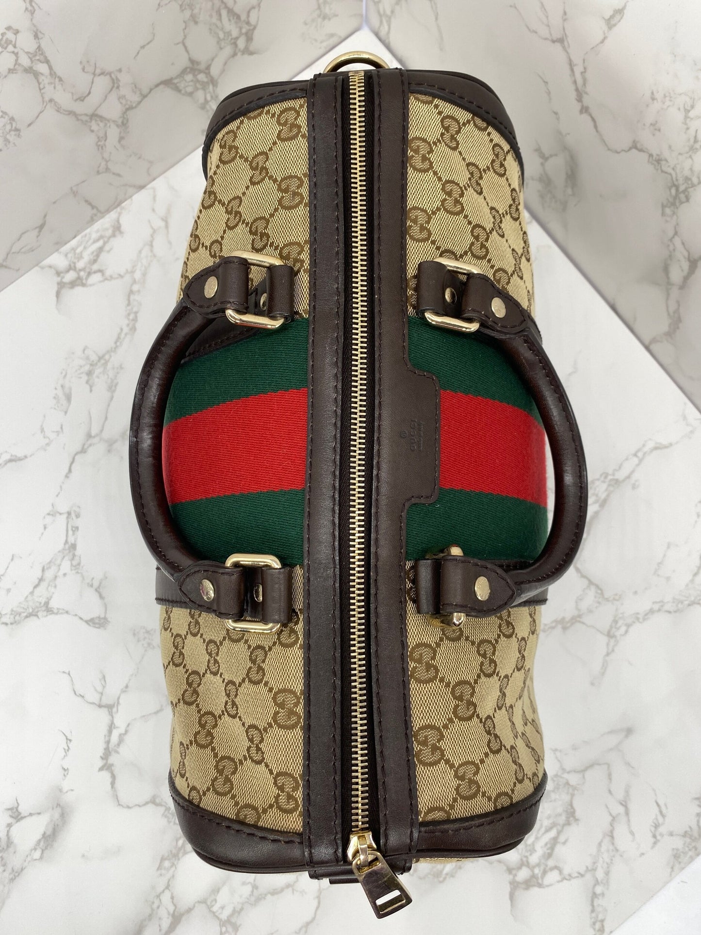 Gucci Boston Bag Medium Beige Red/Green Trim