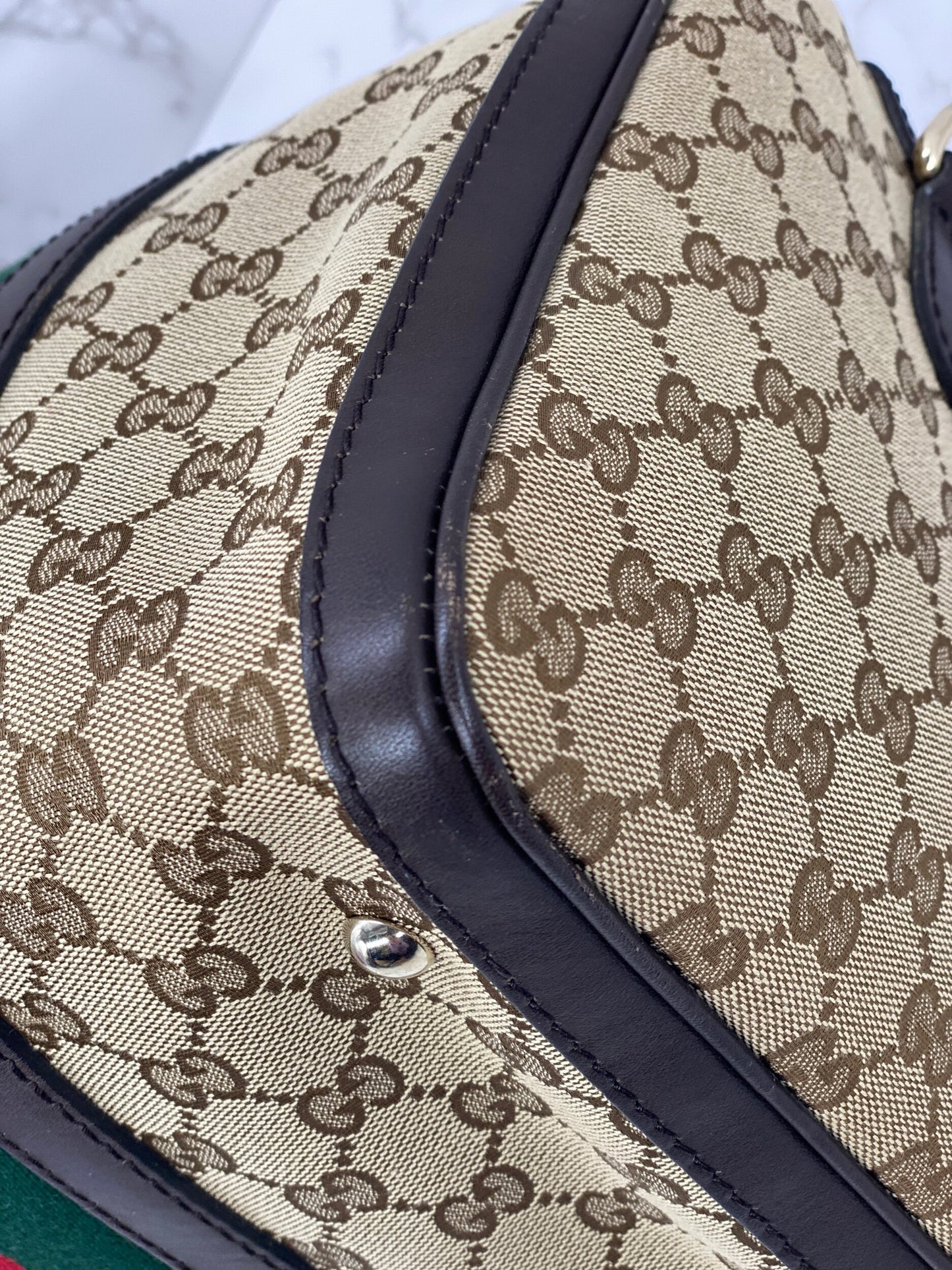 Gucci Boston Bag Medium Beige Red/Green Trim