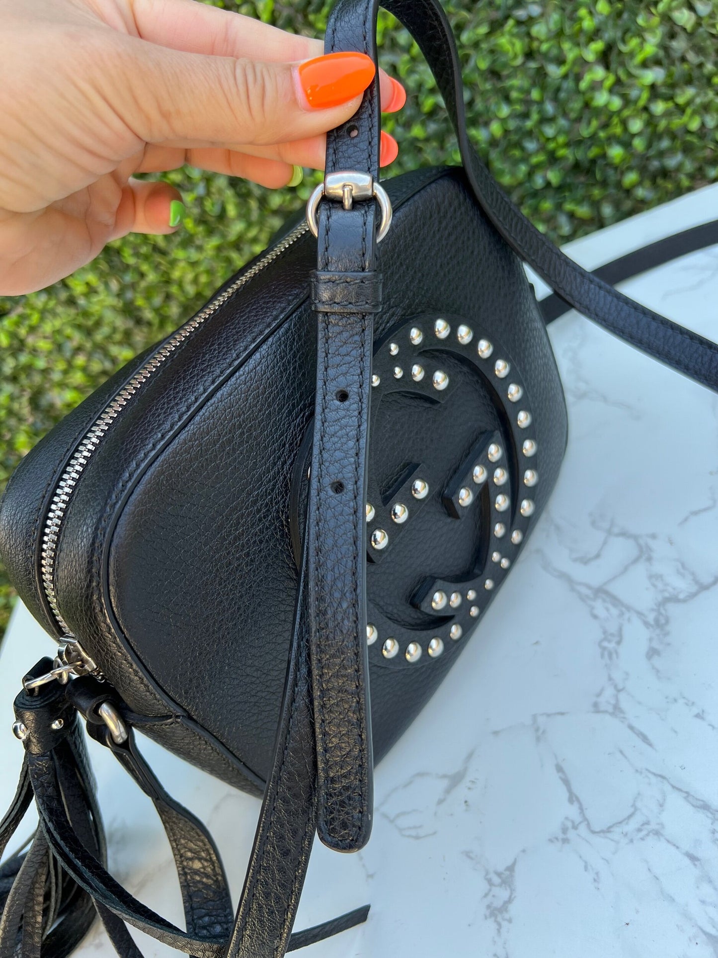 GG Black Pebbled Leather Studded Soho Disco Bag