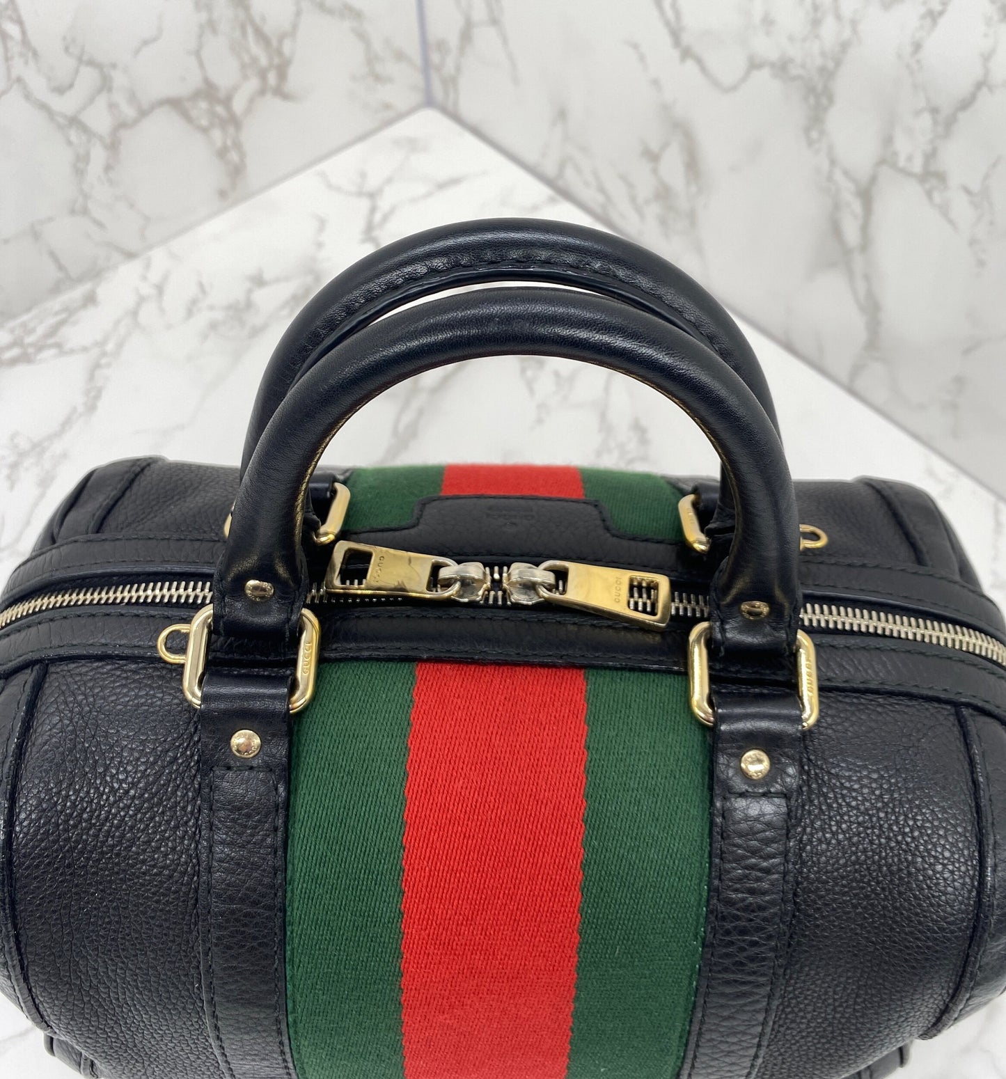GUCCI Black Leather Vintage Web Small Boston with Removable Strap