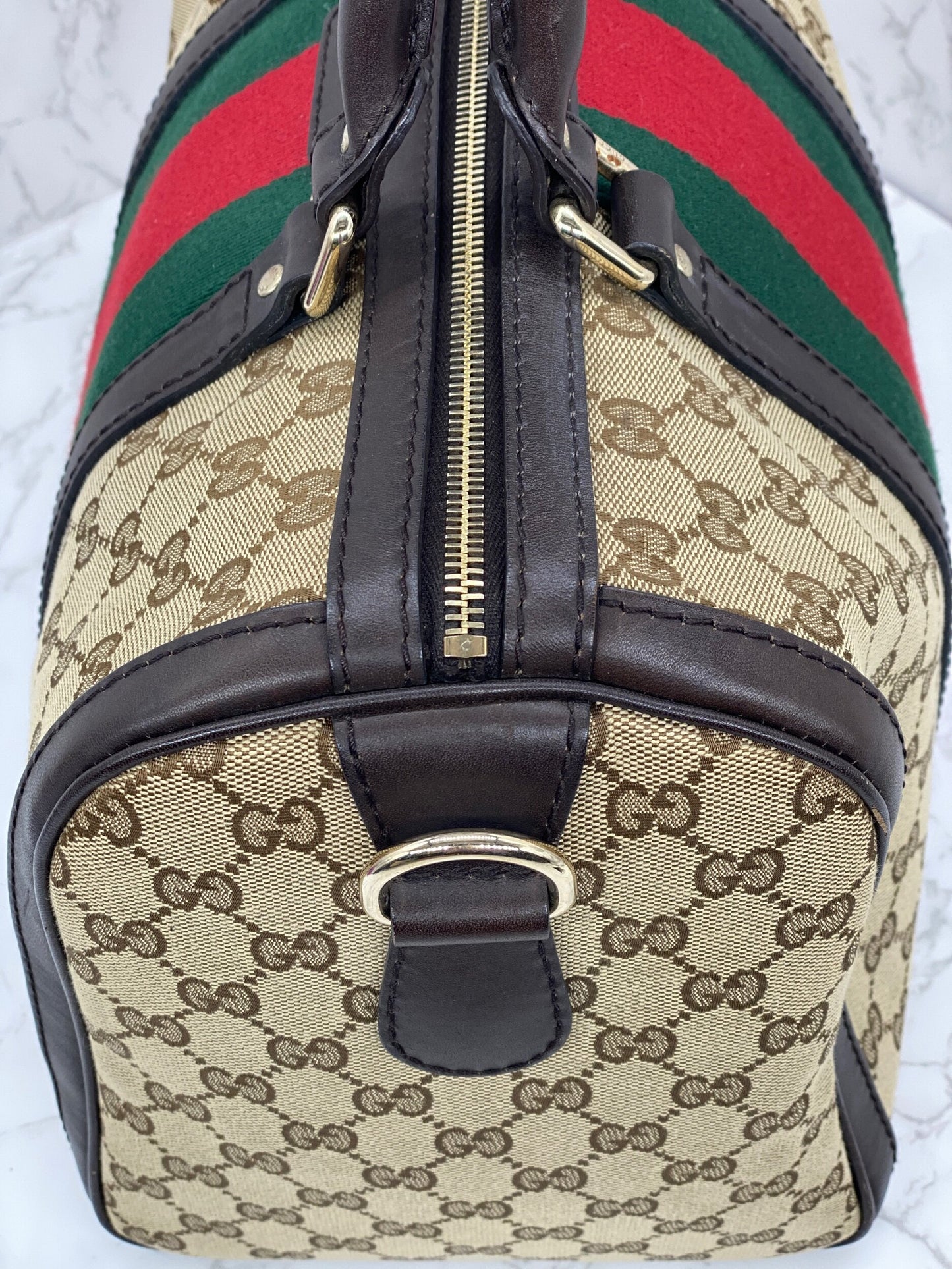 Gucci Boston Bag Medium Beige Red/Green Trim