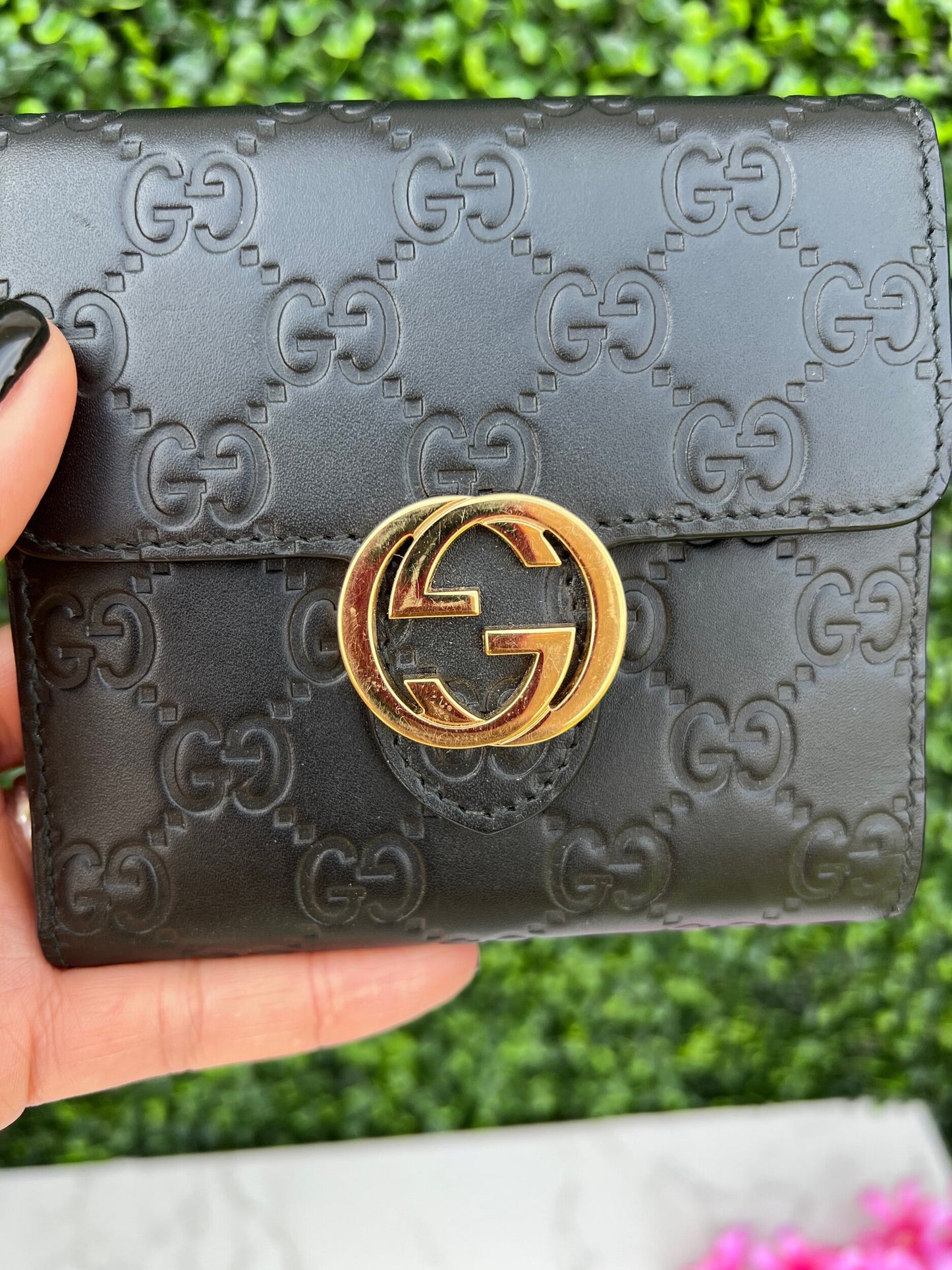 GG Black Leather French Compact Wallet