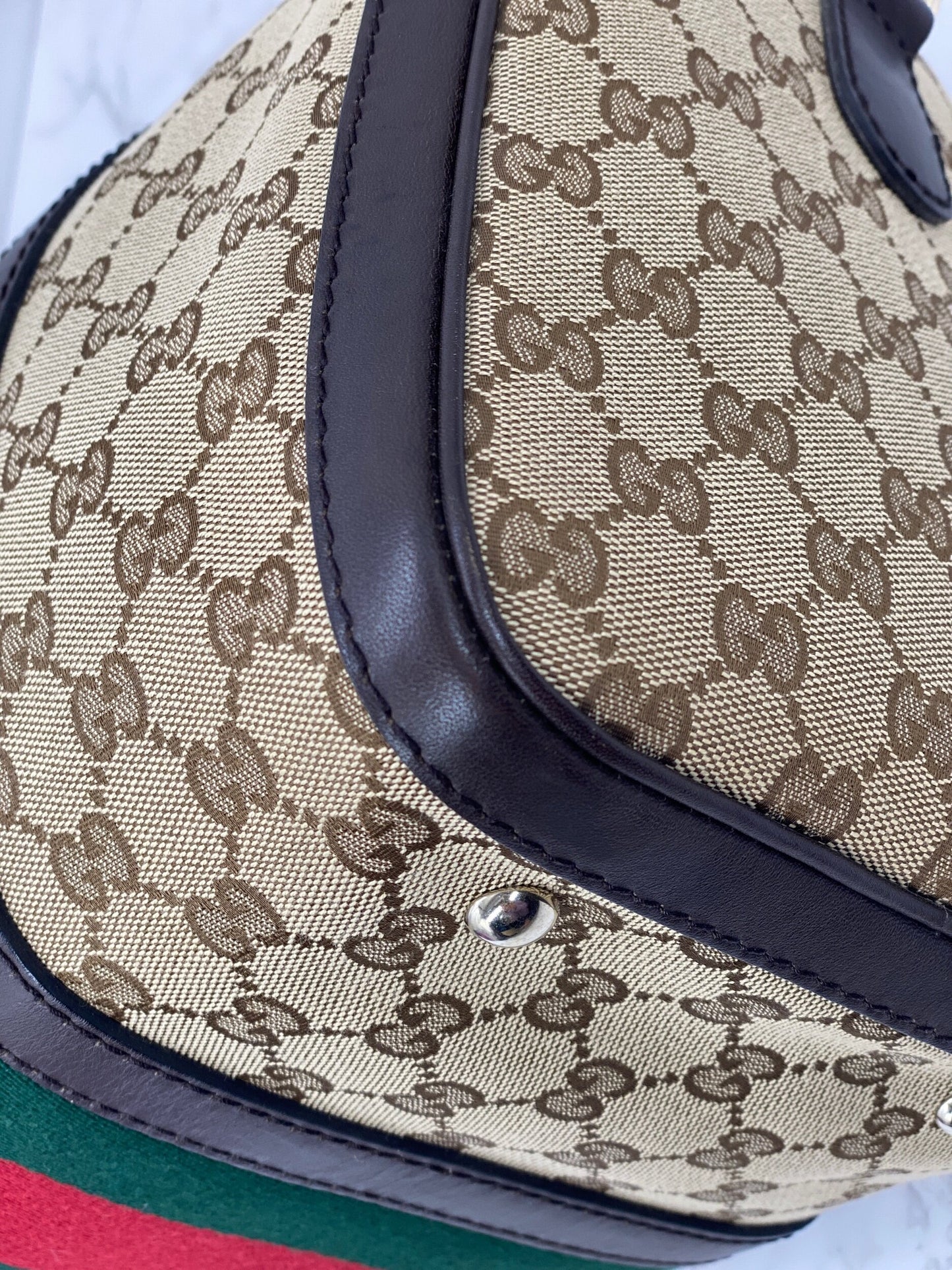 Gucci Boston Bag Medium Beige Red/Green Trim