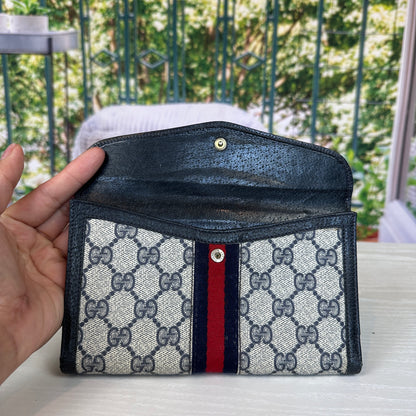 Gucci Vintage Supreme Web Long Trifold Wallet Navy Blue