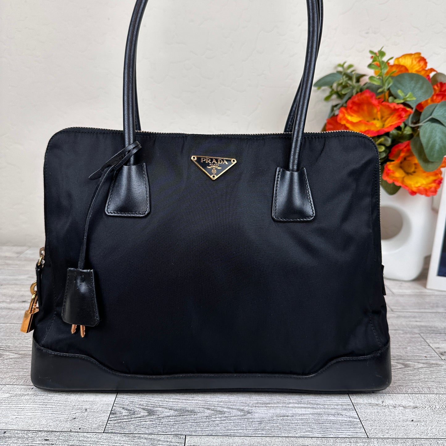 Prada Tessuto Nylon Calfskin Tote Black