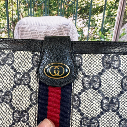 Gucci Vintage Supreme Web Long Trifold Wallet Navy Blue