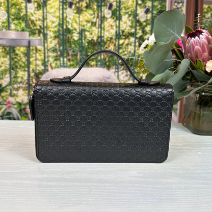 Gucci Black Microguccissima Zip Around Top Handle Travel Wallet