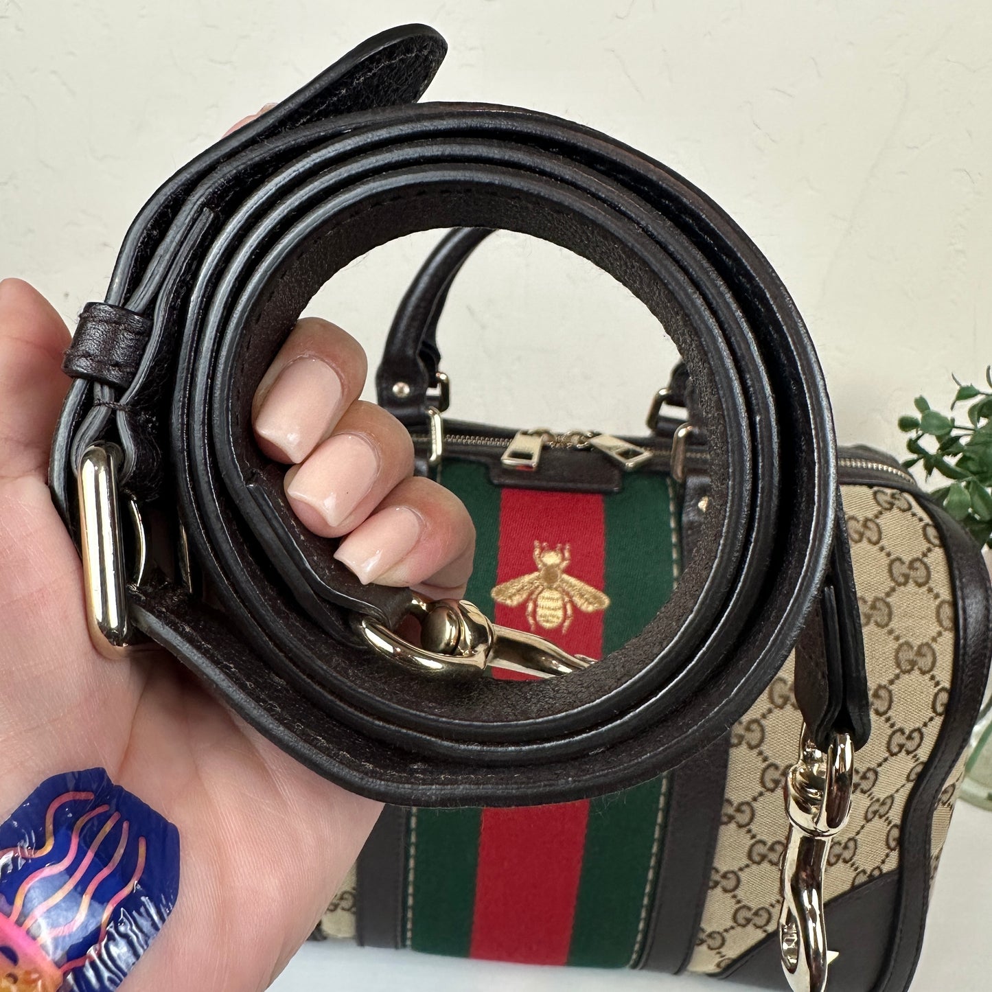 Gucci Vintage Bee Web Boston Bag Dark Brown