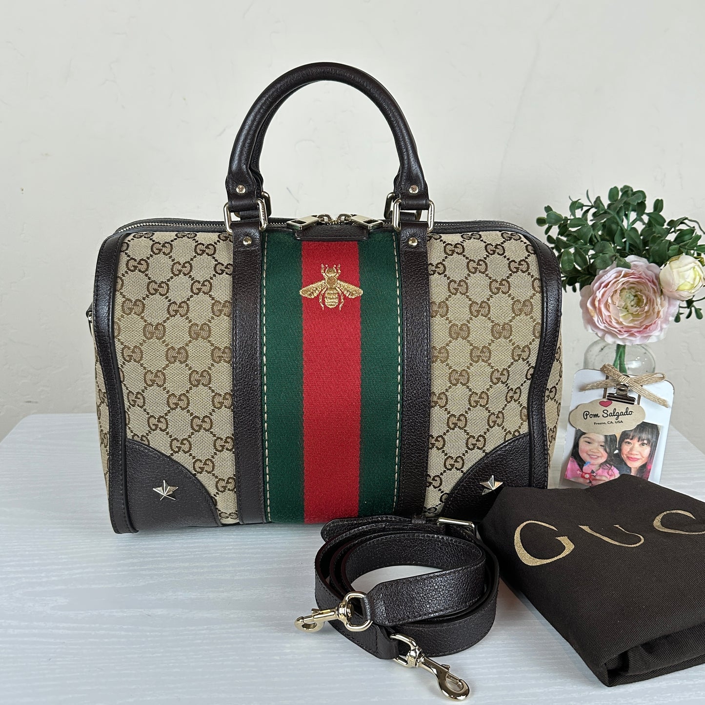 Gucci Vintage Bee Web Boston Bag Dark Brown