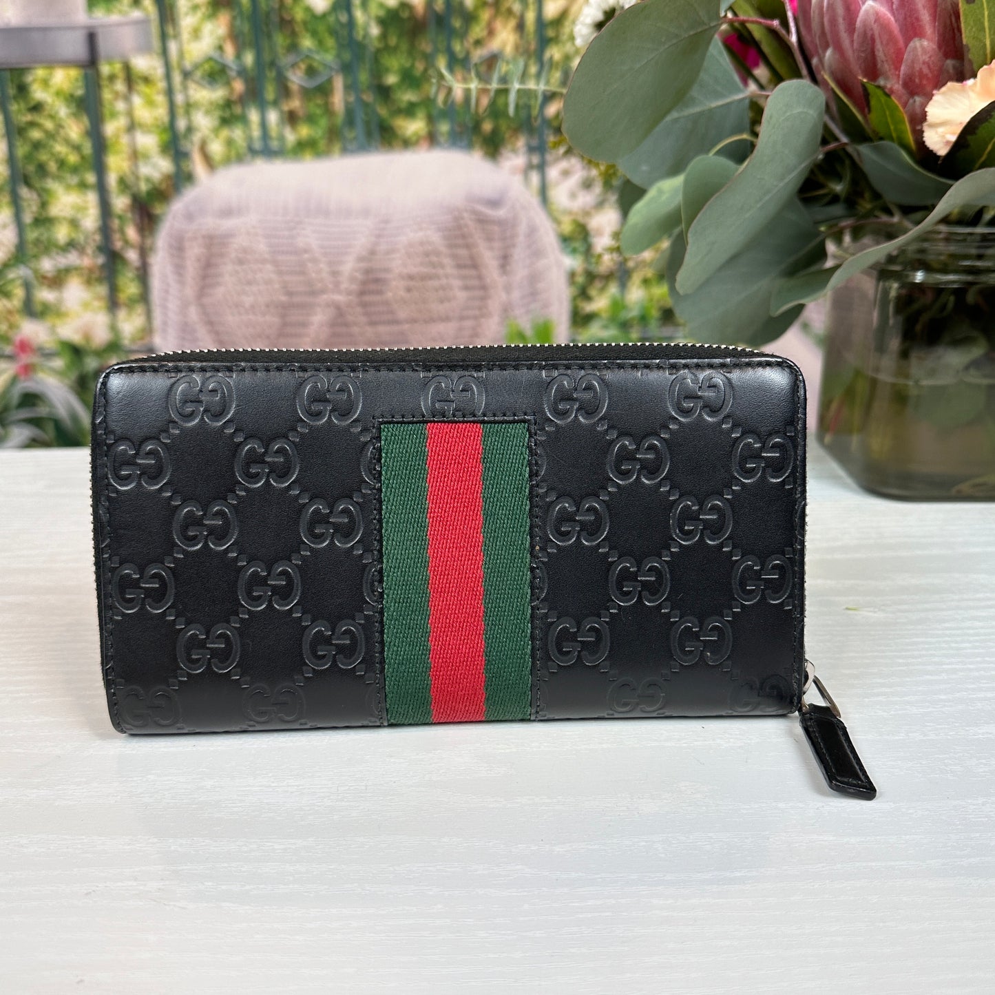 Guccissima Leather Supreme Web Zip Wallet Black