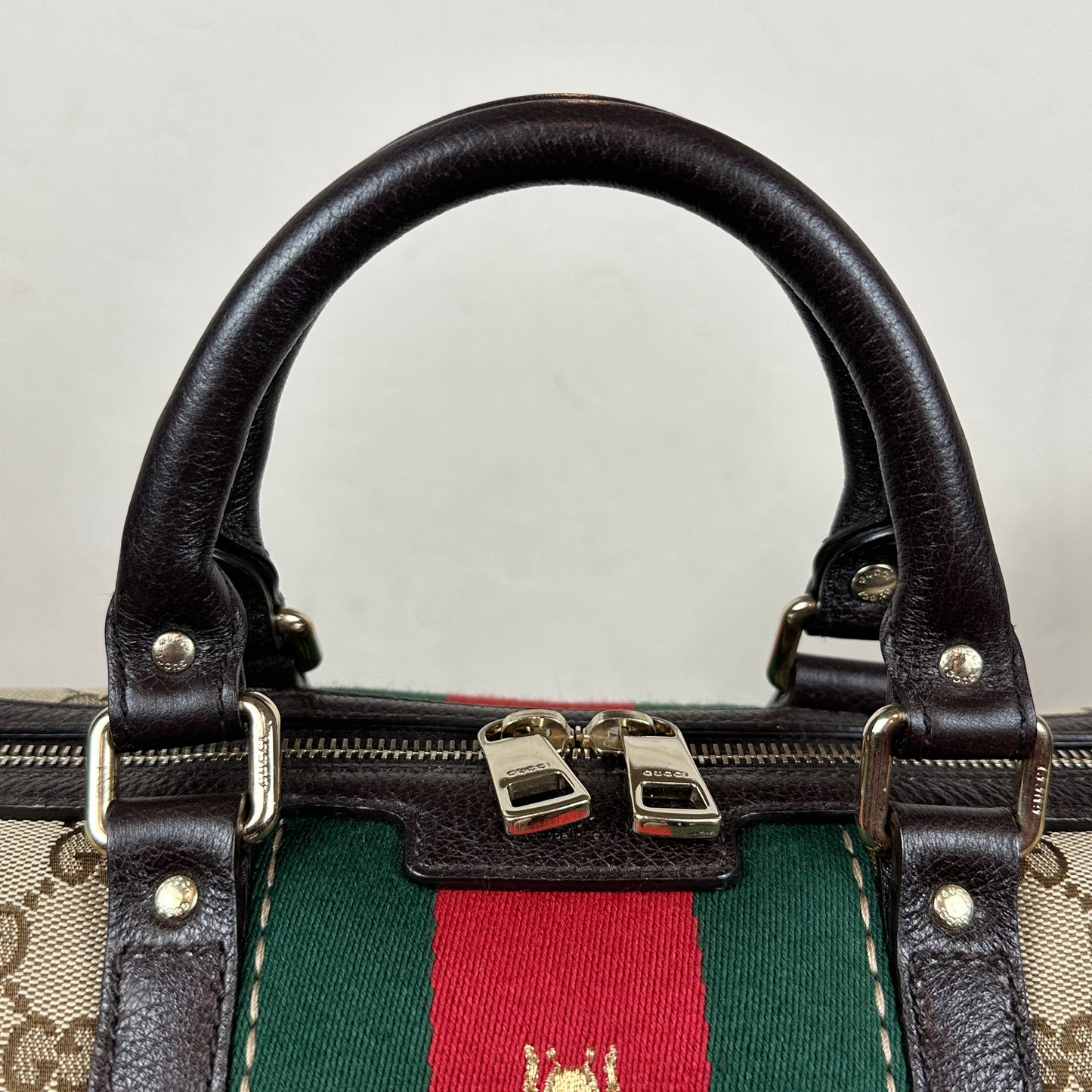 Gucci Vintage Bee Web Boston Bag Dark Brown