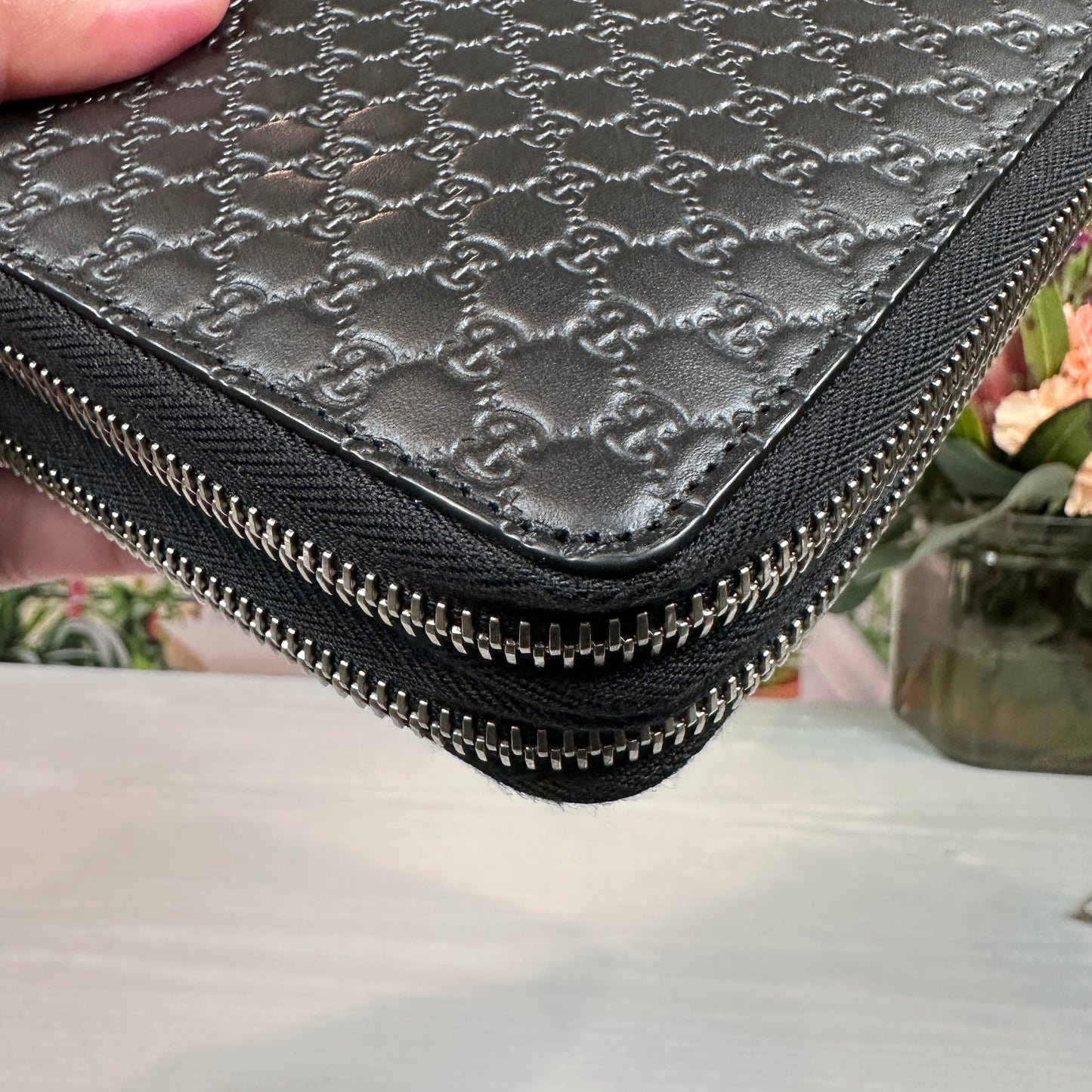 Gucci Black Microguccissima Zip Around Top Handle Travel Wallet