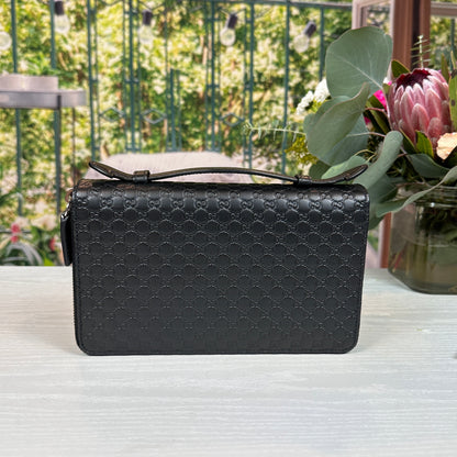 Gucci Black Microguccissima Zip Around Top Handle Travel Wallet