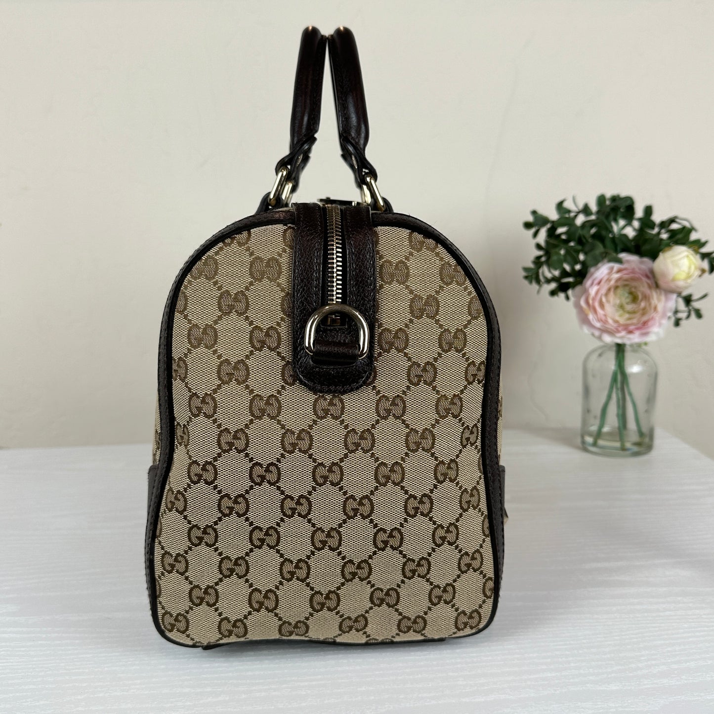 Gucci Vintage Bee Web Boston Bag Dark Brown