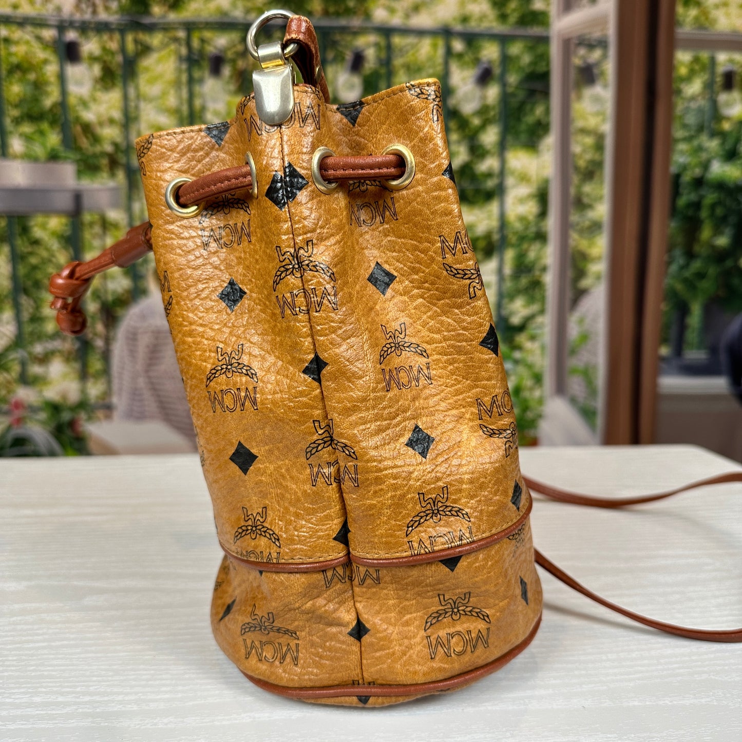 MCM Visetos Cognac Drawstring Mini Bucket Bag