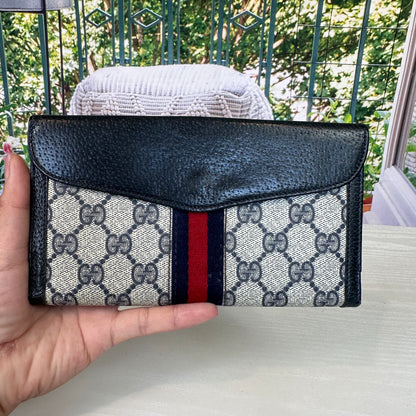 Gucci Vintage Supreme Web Long Trifold Wallet Navy Blue