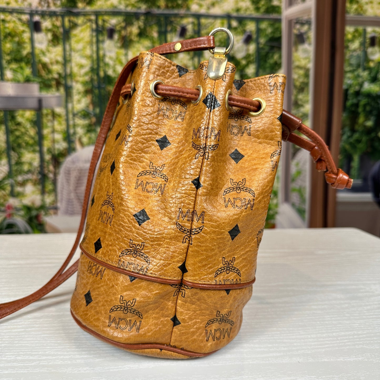 MCM Visetos Cognac Drawstring Mini Bucket Bag