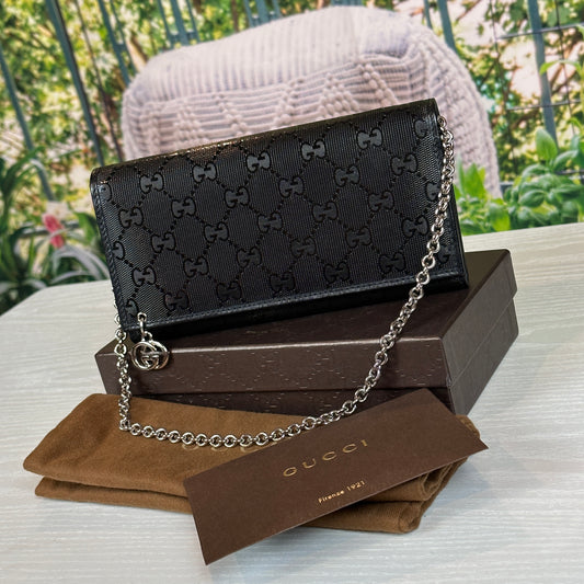 Gucci Black GG Imprime Coated Canvas Wallet on Chain