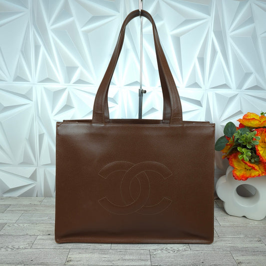 Chanel Caviar Skin Leather CC Logo Tote Brown